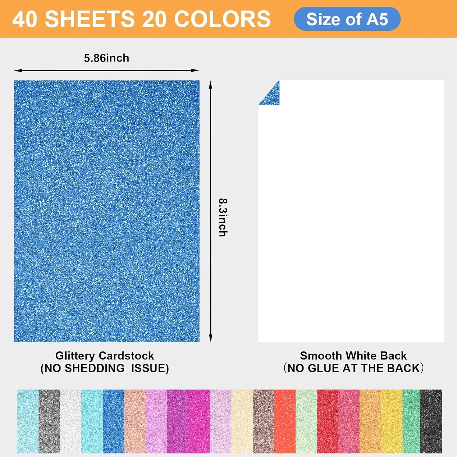 40 Sheets 20 Colors Glitter Cardstock,  Cricut Paper Cardstock, No-Shed Sparkly Glitter, A5 Glitter Paper for Arts and Crafts - Card Making, Scrapbooking, DIY Projects