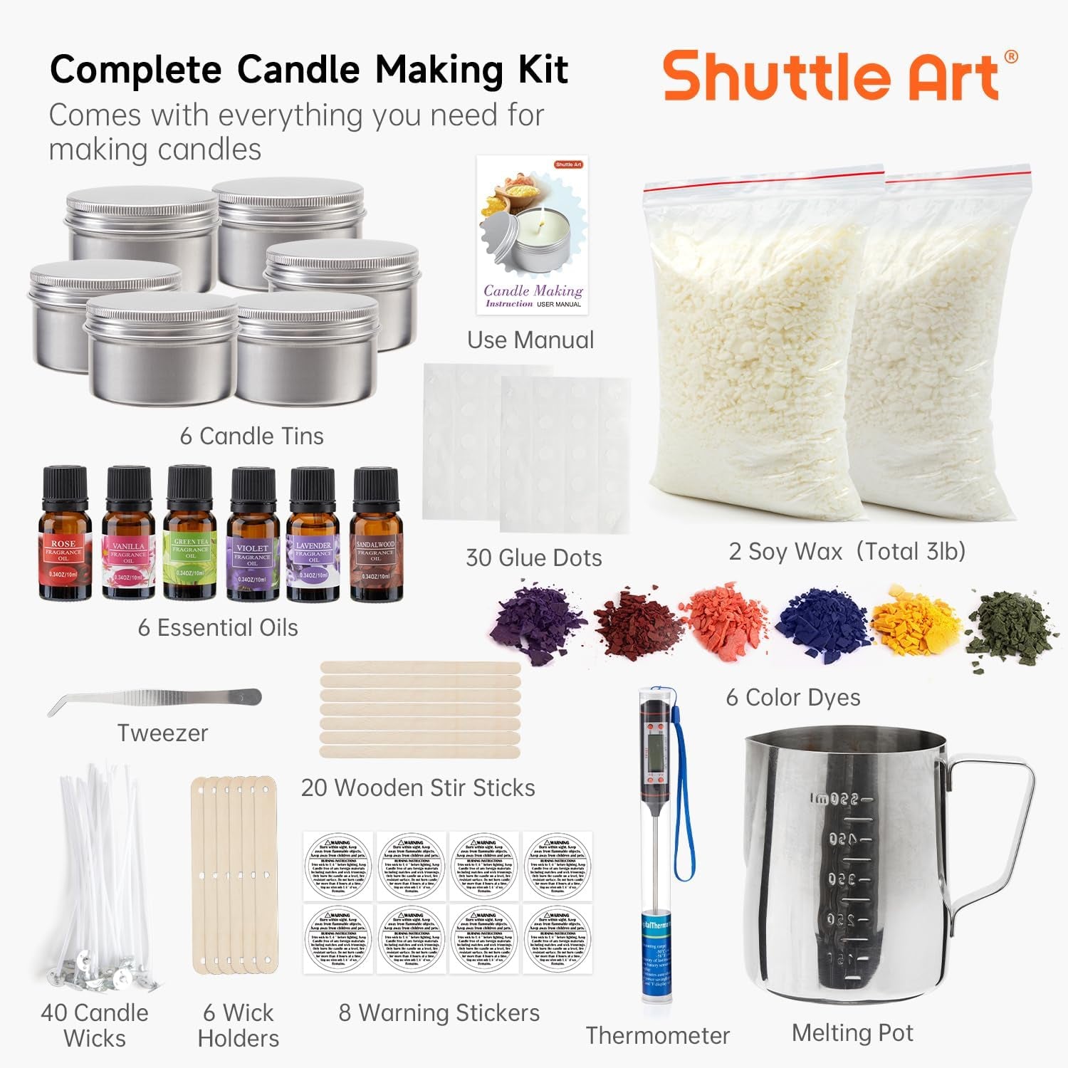 Candle Making Kit, DIY Candle Making Supplies with Candle Jars, Soy Wax, Candle Wicks, Color Dyes, Fragrance Oil and Capacity Pot, Candle Making Arts and Crafts for Adults and Beginners