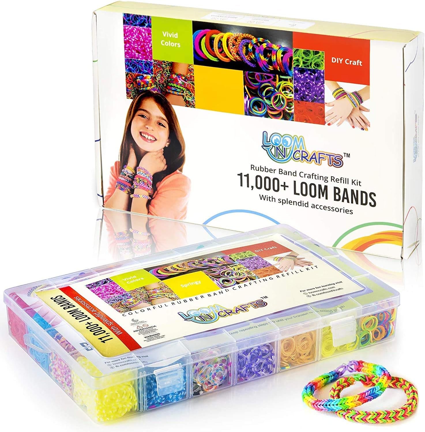 11,900+ Rubber Band Bracelet Refill Kit - 11,000 Premium Loom Bands in 28 Bright Colors, 600 S-Clips, 200 Beads, 30 Charms, 52 ABC Beads - Loom Bracelet Making Kit in a Huge Giftable Case