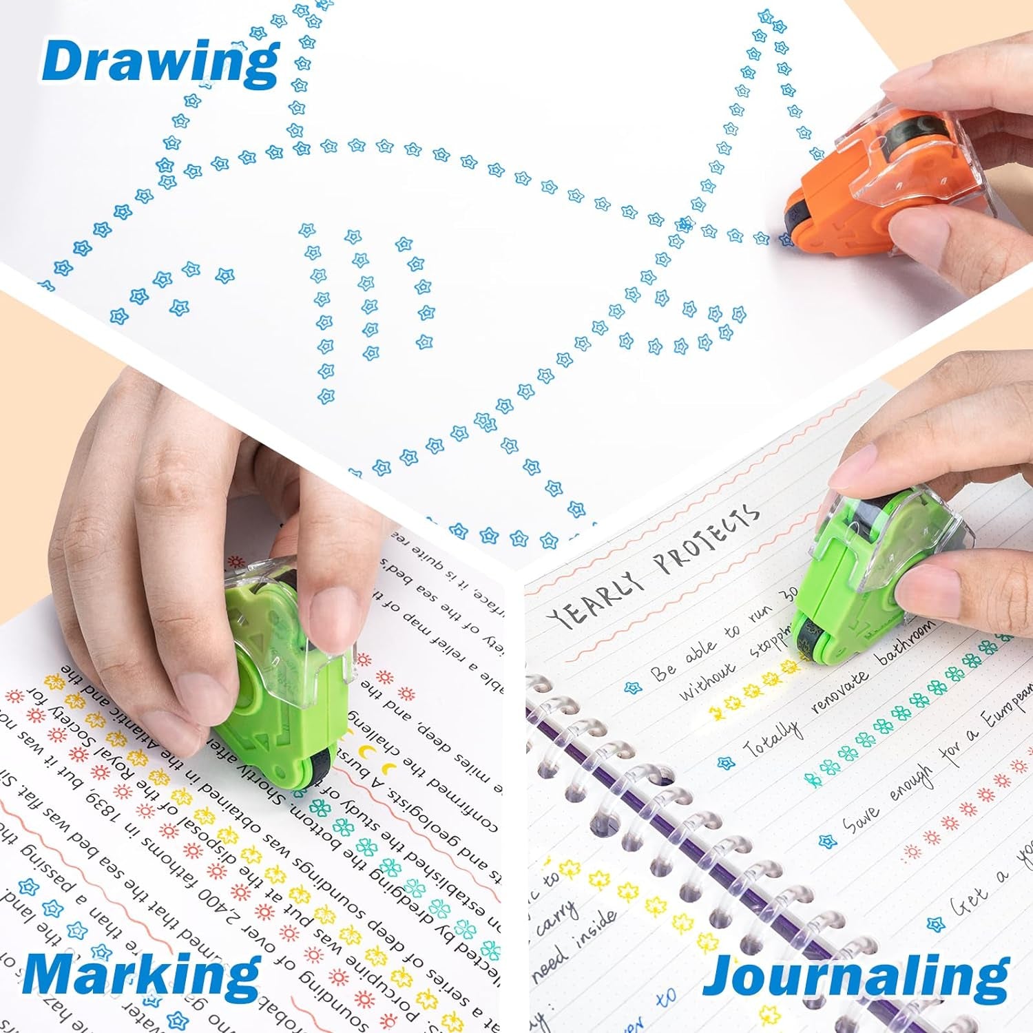 Curve Roller Stamp for Crafts, Triple Tip Stamp with 9 Colors & 9 Patterns, Stamp Set for Kids Teachers Journaling Scrapbook Note Taking Supplies