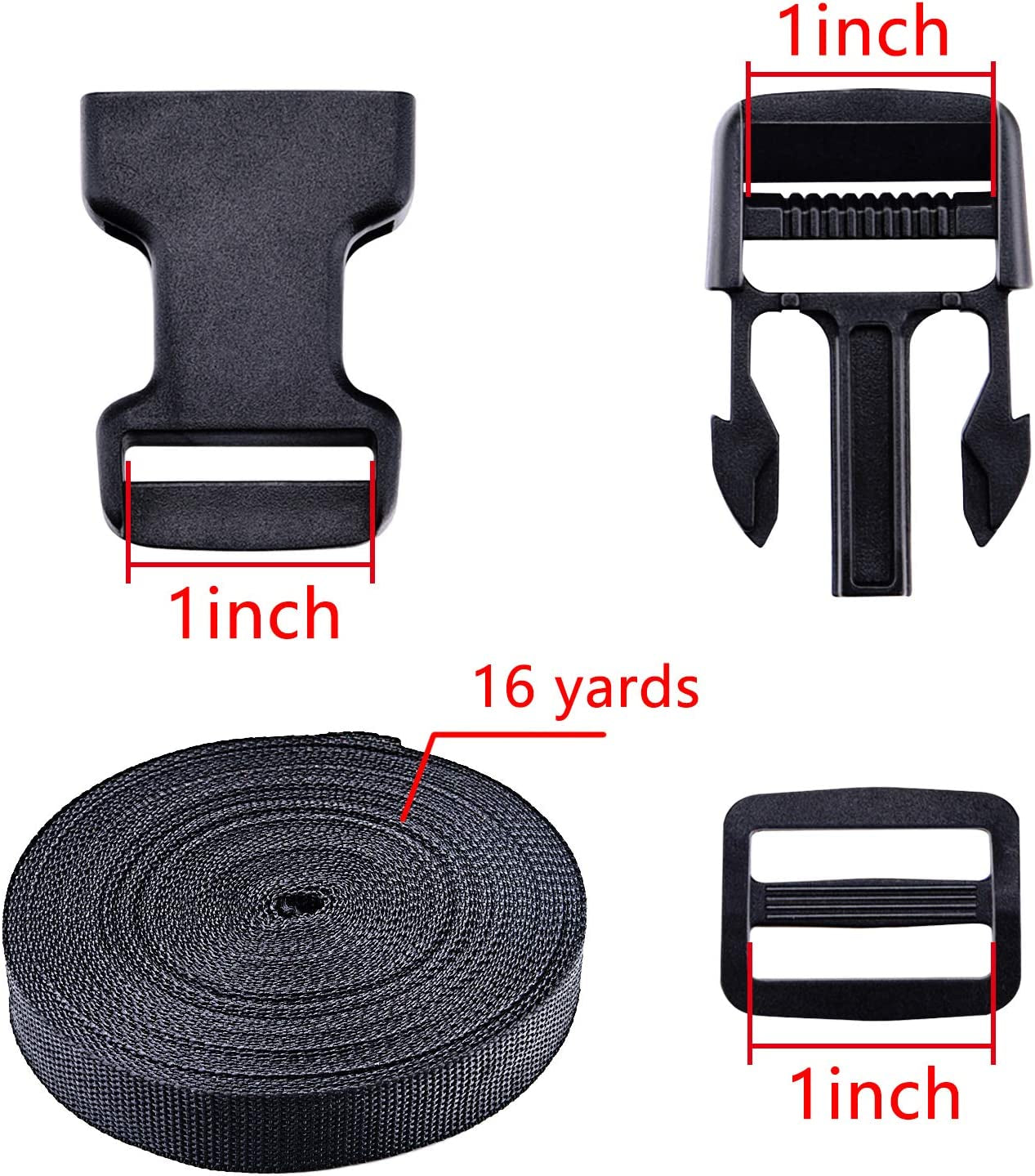 1 Inch 16 Yards Polypropylene Webbing Strap Band with 16 Set 1Inch Side Release Plastic Buckles, Black