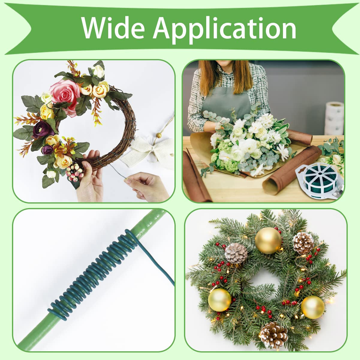 Floral Wire, 328 Feet 22 Gauge Soft Craft Wire for Wreaths, Green Florist Wire with Built-In Cutter for Flower Arrangements, Wreath Making, Christmas Ornaments, Gardening, Crafts
