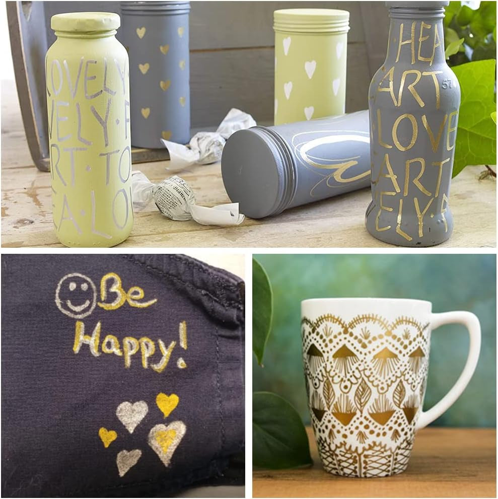 Gold and Silver Paint Marker Pens - 6 Pack Permanent Oil Based Metallic Paint Pen, Medium Tip, Quick Dry and Waterproof Markers for Stone, Wood, Metal, Plastic, Canvas, Glass, Ceramics, Rubber, Stone