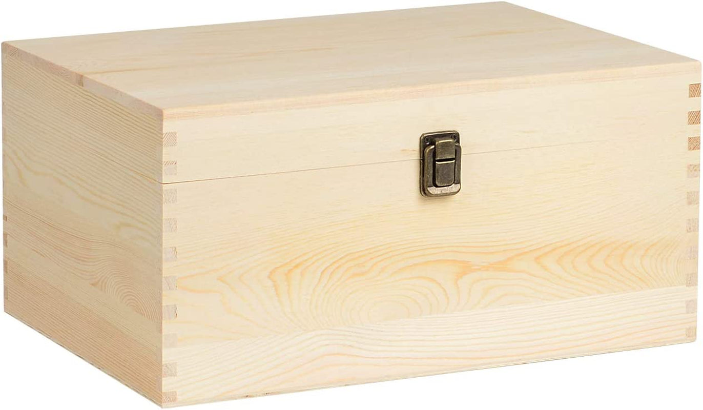 Extra Large Rectangle Unfinished Pine Wood Box Natural DIY Craft with Hinged Lid and Front Clasp for Arts Hobbies and Home Storage-13.8X9.9X6.7 Inches