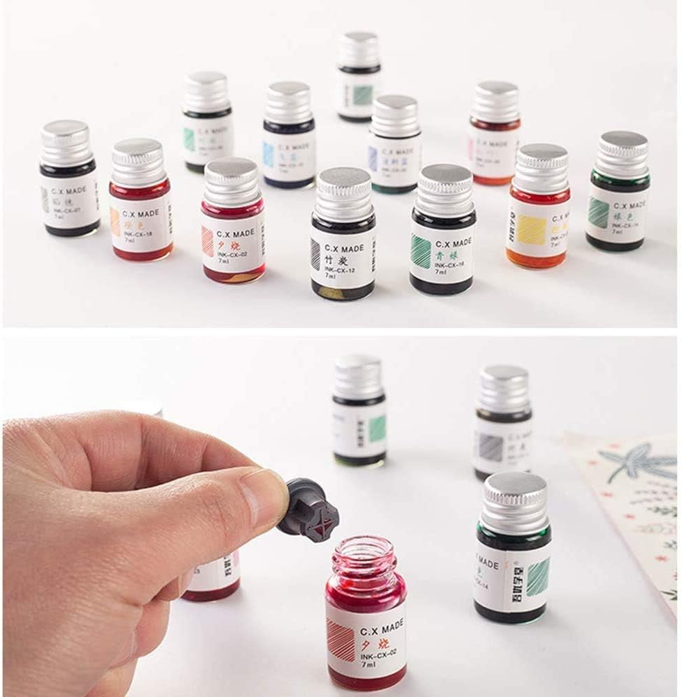24 Colors Calligraphy Ink Set, Calligraphy Fountain Glass Dip Pen Color Ink Caligrapher Pen Ink Bottle Set, Gold Powder Drawing Writing Art Ink with Gift Box - 24 X 7Ml