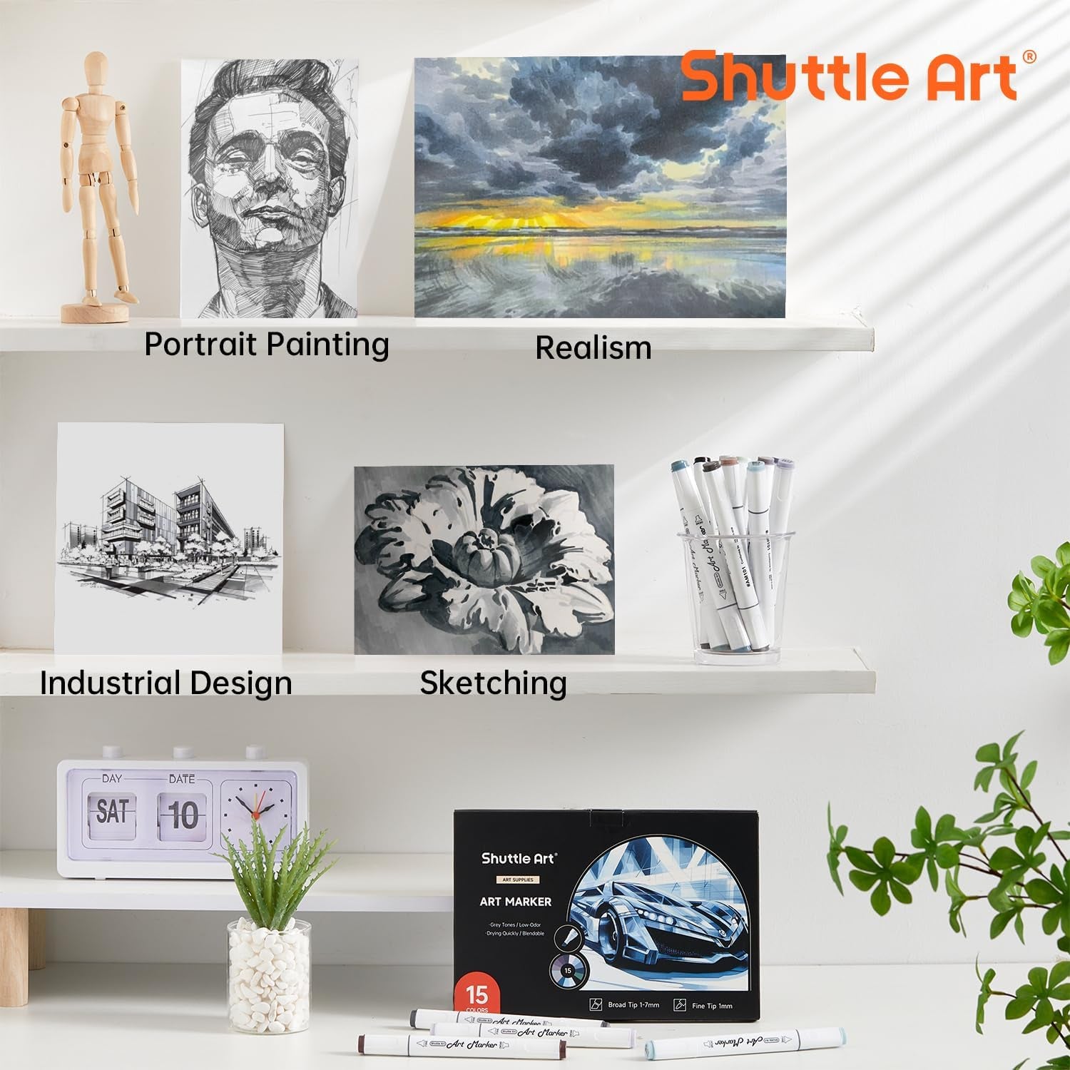 15 Colors Grey Tones Dual Tip Art Marker, Alcohol Based Marker Pens Double Ended with Fine and Chisel Point Tips Perfect for Drawing,Shading,Sketching,Designing,Outlining,Illustrating