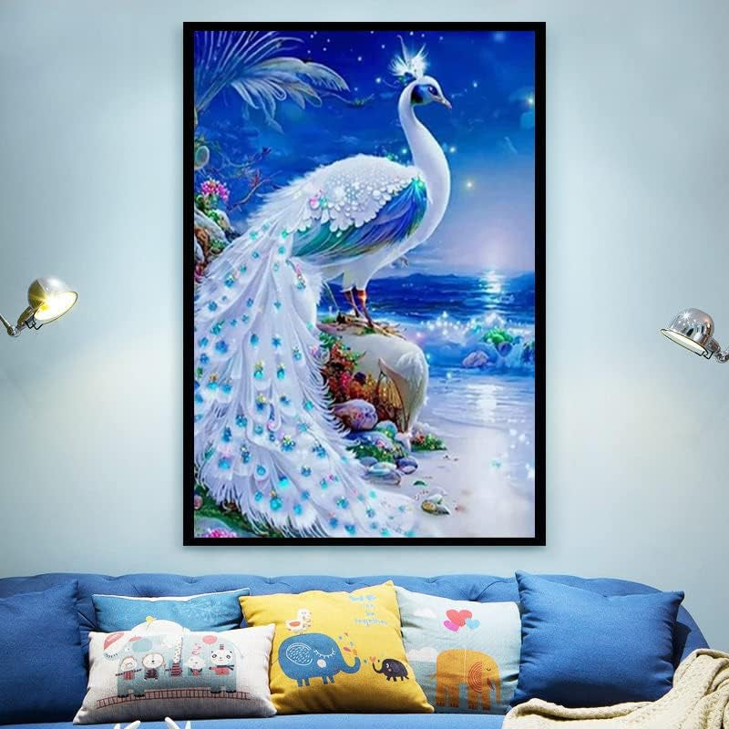 White Peacock Diamond Painting Kits for Adults Kids Beginner 5D DIY round Diamond Number Kits – Crystal Rhinestone Diamond Embroidery Paintings Great for Home, Office, Wall Decor 12×16 Inch
