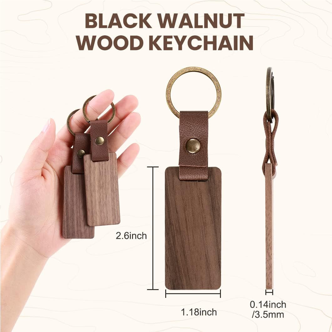 25 Pieces Leather Wood Keychain Blank, Wooden Keychain Blanks with Leather Strap, Unfinished Wooden Keychains for Laser Engraving, DIY Various Key Tags, Wood Crafts Gift