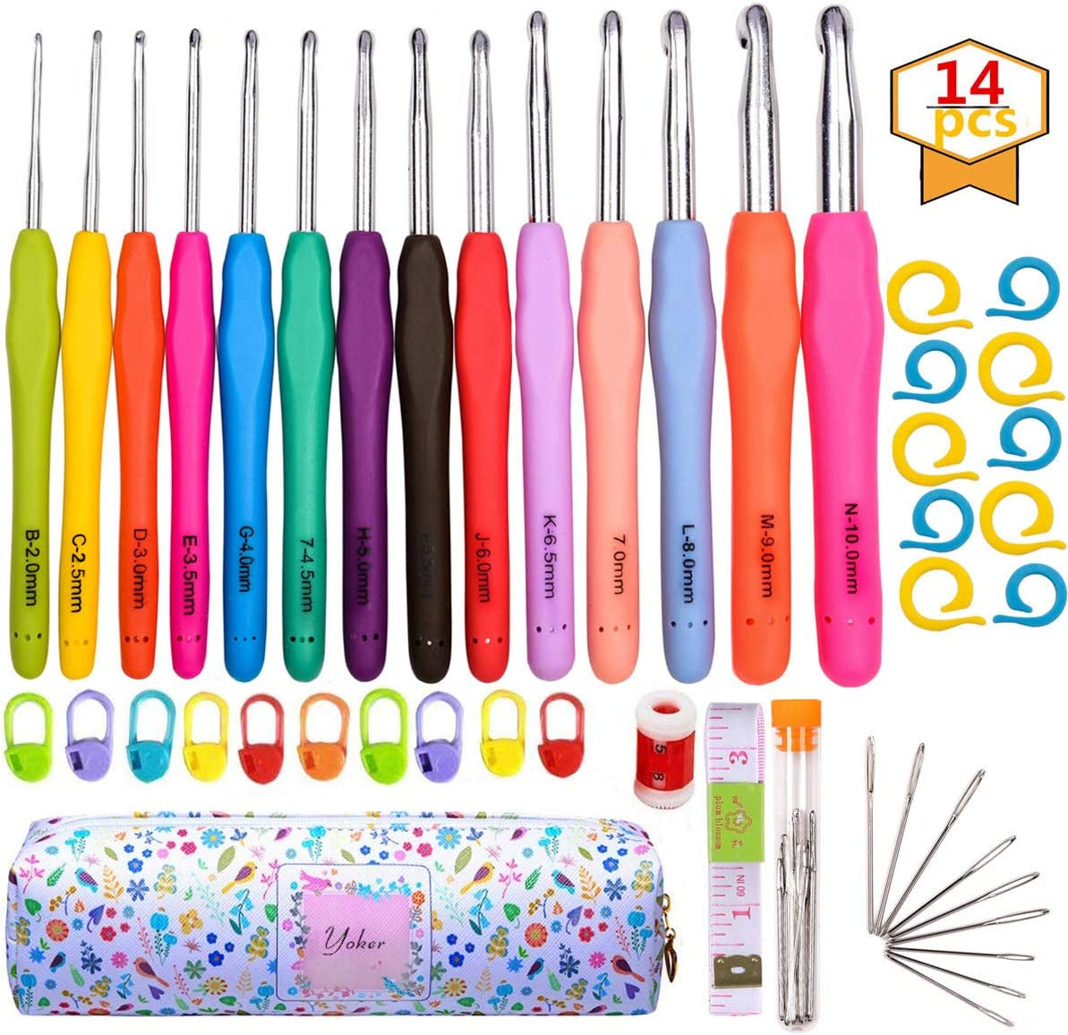 Crochet Hooks Set, 14 Sizes 2Mm(B)-10Mm(N) Ergonomic Crochet Needles with Case for Arthritic Hands, Extra Long Crochet Kit