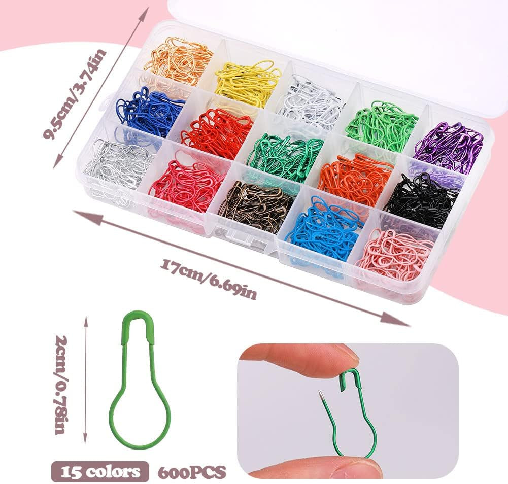 600 PCS Safety Pins, Colorful Metal Knitting Bulb Pins with Storage Box 15 Colors Stitch Markers for Clothing Labels Crochet Stitch Markers DIY Craft Project