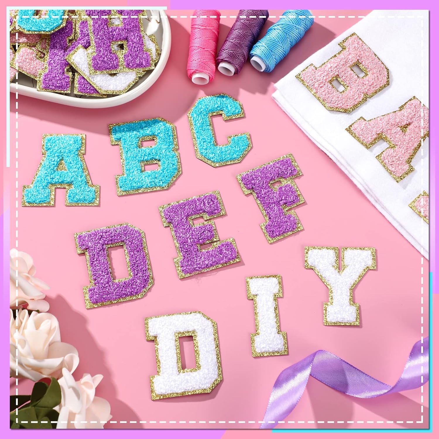 104 Pcs Chenille Letter Patches Self Adhesive Letters Letter Patches Self Adhesive Chenille Patches Chenille Embroidered Patch for Clothing (White, Pink, Purple, Blue,Classic)