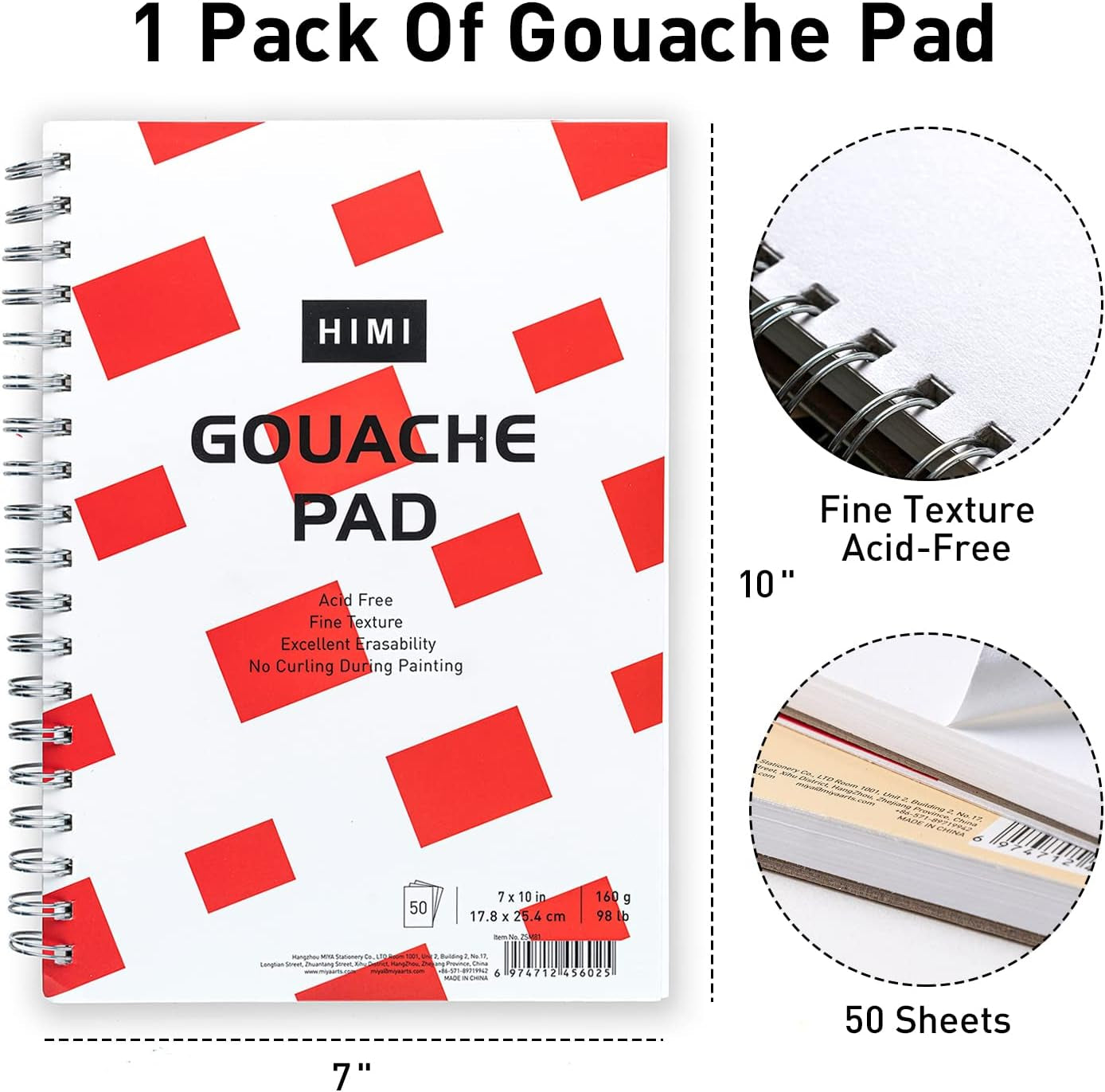 Gouache Pad 7X10''(98Lb/160G) 50 Sheets Mix Paper Pad, Side Wire Bound, Fine Texture, in Gouache Acrylic Art Pad for Sketching, Ink Sketch Book, Art Supplies Drawing Pad Gift （Square）