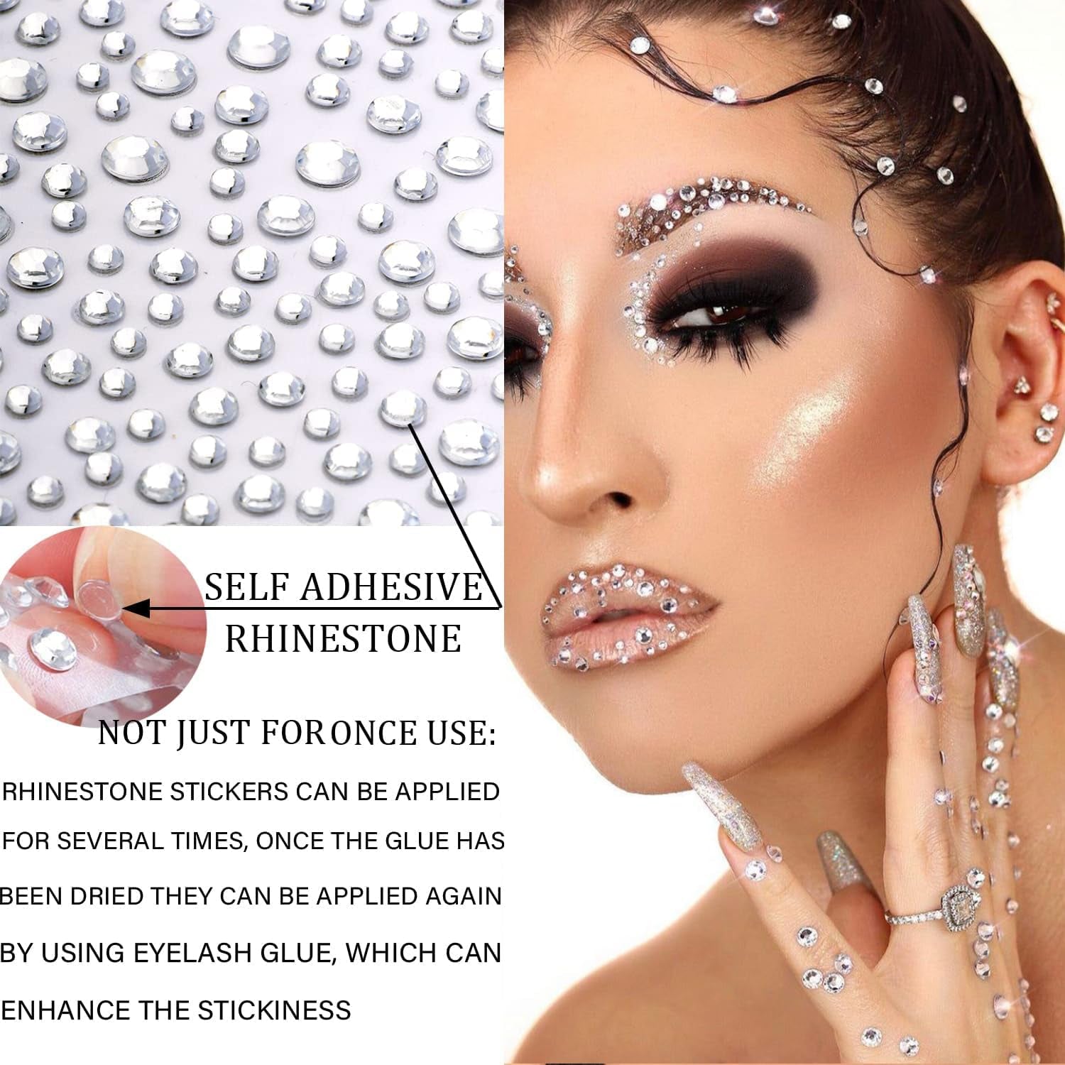 2116 Pcs Self Adhesive Rhinestones for Makeup Eyes Face 6 Sheets Clear Rhinestones Stickers Bling Gems Jewels Stickers for DIY (White)