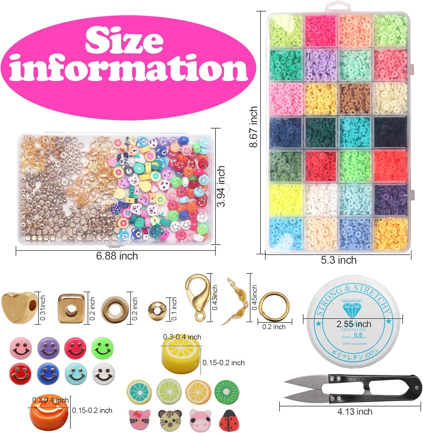 6552 PCS Complete Beads Jewelry Making Kit, 28 Colors Flat Polymer Clay Heishi Beads, Cartoon Fruit Beads, Roll Elastic Strings Other Kinds Space Beads Scissors for Beginner Experiencer