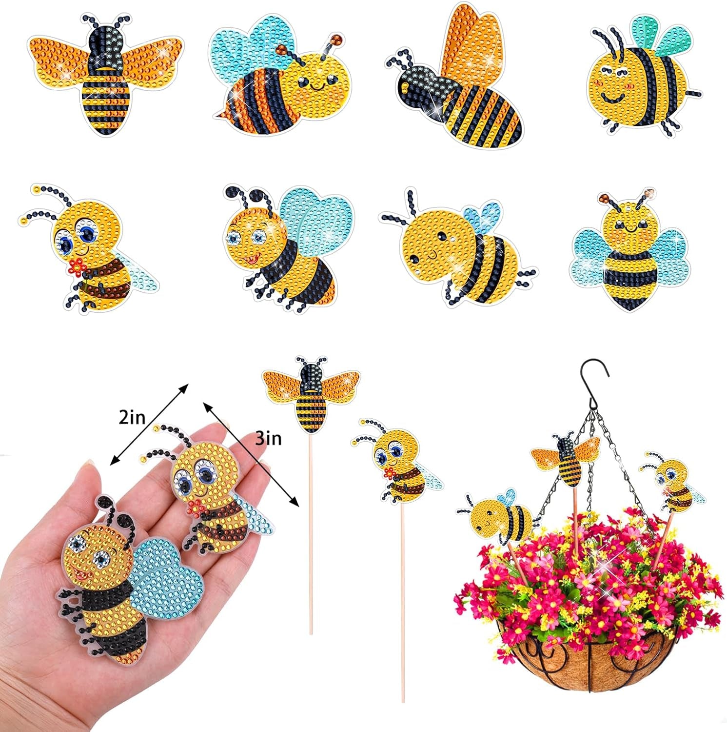 8 Pcs Diamond Art Kits, Bee Style Diamond Art Kits for Garden Decor, Garden Stakes Diamond Art Kits for Adults, DIY Diamond Art Accessories