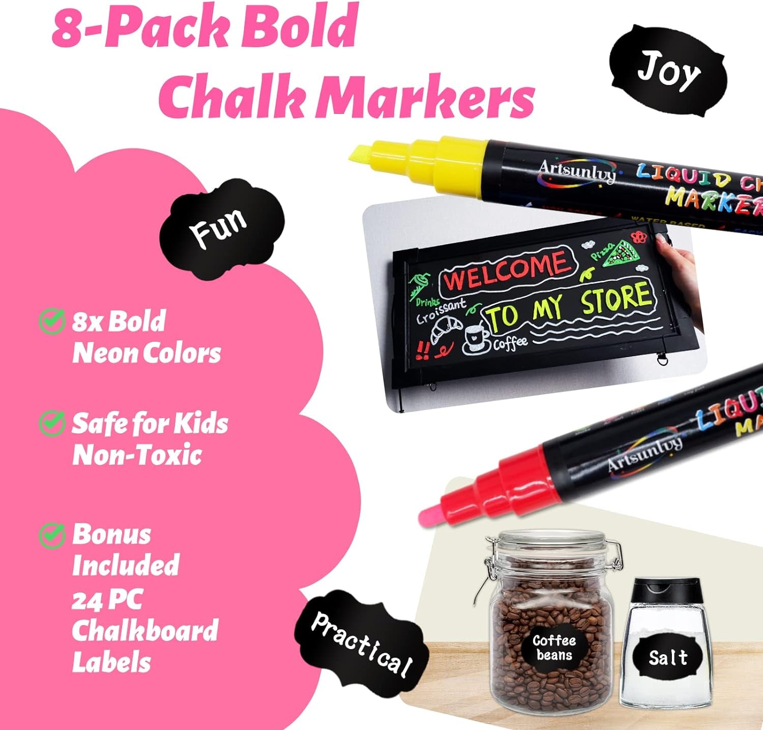 8 Colors Chalk Markers,Chalk Pens,Erasable, Non-Toxic, Water-Based, Reversible Tips, Chalkboard Markers For,Signs, Car Windows, Blackboard,Dry Erase