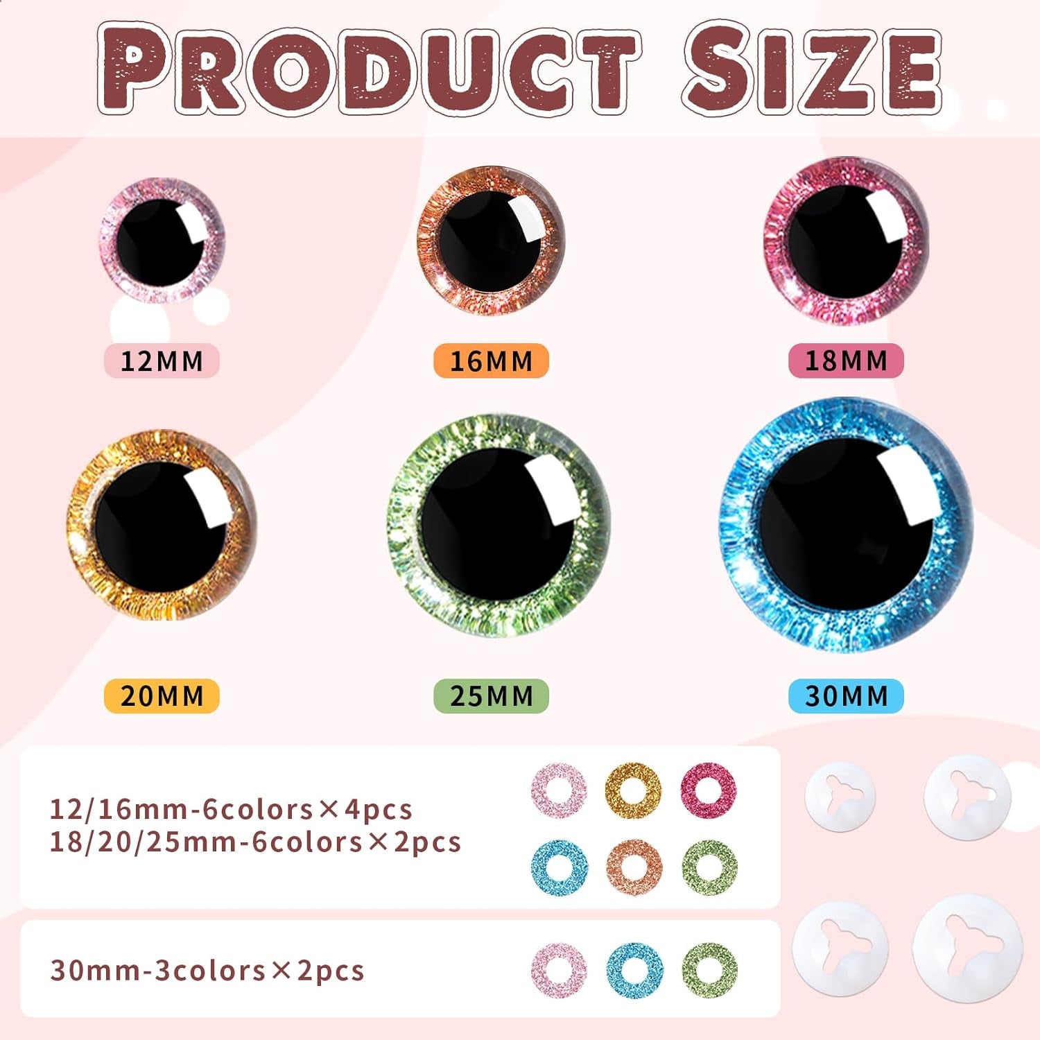 180 Pcs 3D Glitter Safety Eyes for Amigurumi with Washers 12-30Mm Trapezoid Safety Eyes for Crochet Animals Doll Eyes for Crocheting Stuffed Animal Eyes for DIY Christmas Decoration(6 Colors)