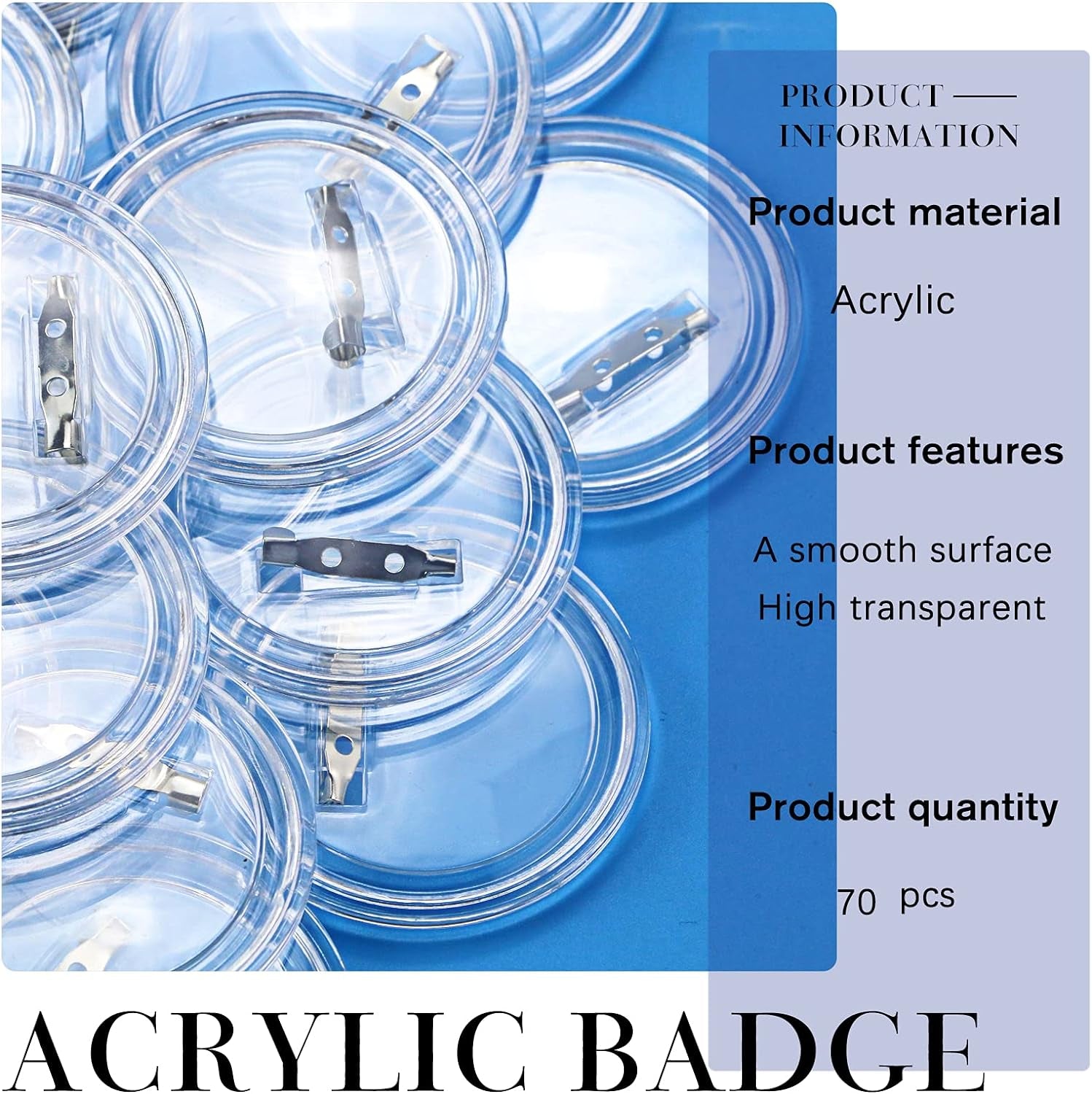70 Pack Acrylic Design Button Badge, Clear Plastic Craft Button with Pin, Button Pin Badges Kit for DIY Craft Supplies, 2.4 Inch