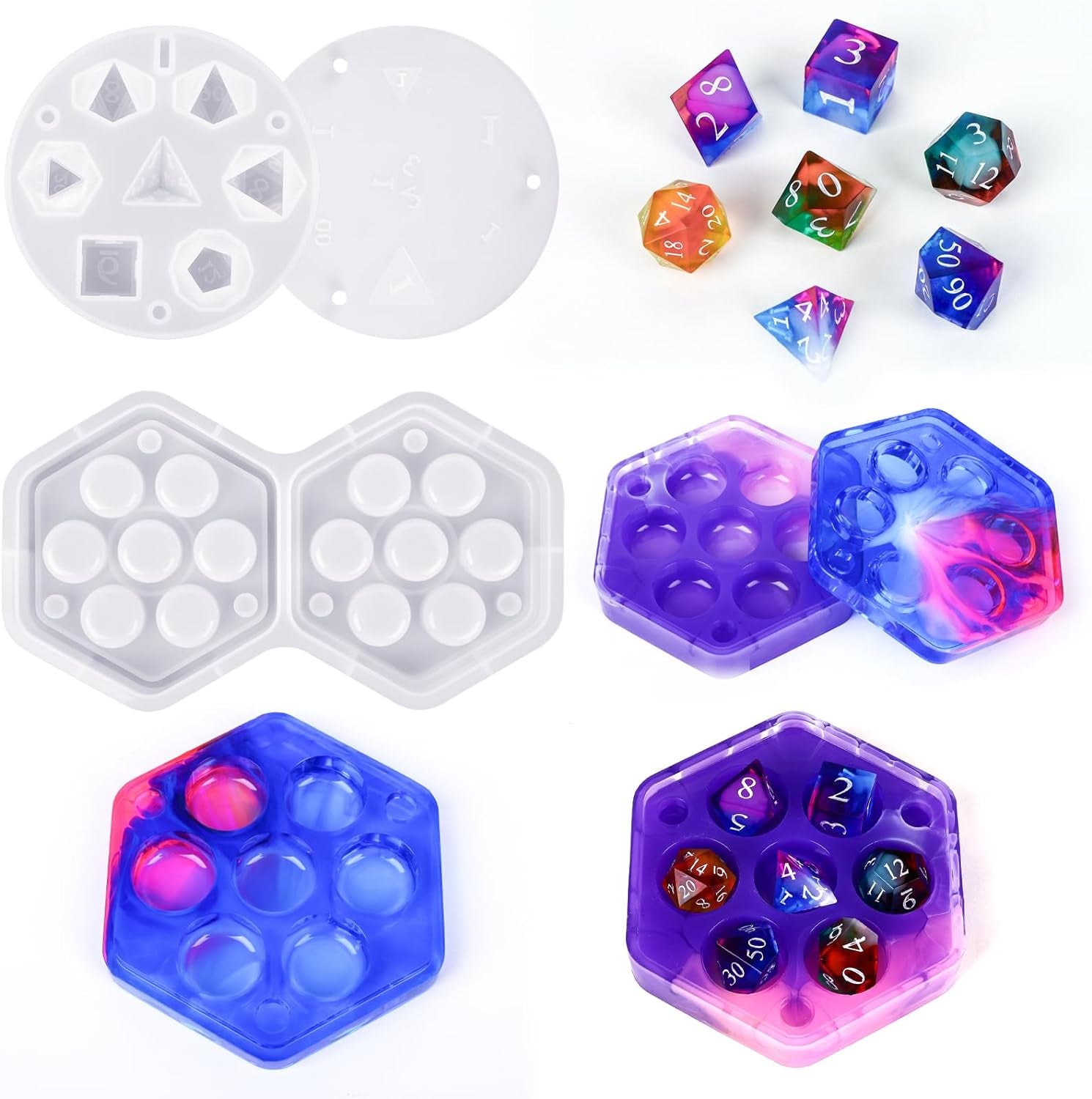 Resin Molds Silicone, Dice and Dice Box Epoxy Resin Molds with 7 Standard Stereoscopic Dice Cavities, Silicone Molds for Resin, DND Dice and Dice Organizer Dice Making Kit, Table Board Game