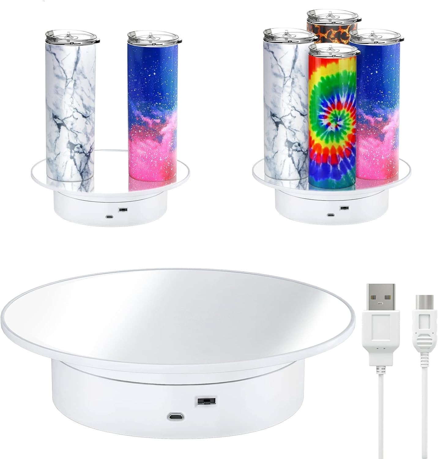 Exhibition Stand for Sublimation Tumbler, 360° Automatic Mute Rotating Revolving Platform 12Oz, 20Oz&50Oz Heat Press Blanks Tumblers Skinny Straight, Cup(White), White-01 (ZT-001)