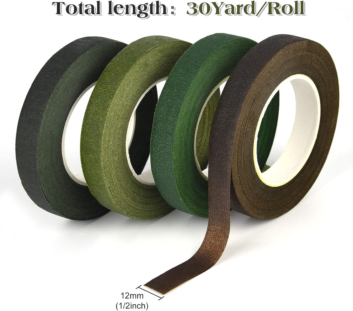 4 Rolls 1/2" Wide Floral Tapes for Bouquet Stem Wrapping and Floral Crafts,Wedding Bouquet,Dark Green,Light Green,Grass Green,Dark Brown