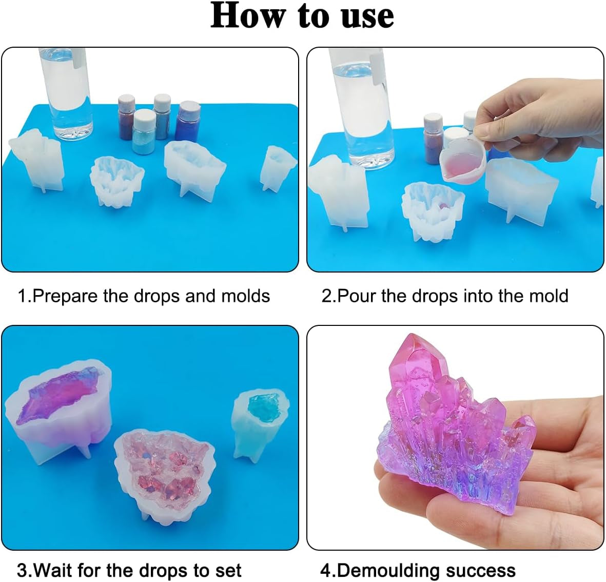 4 PCS Quartz Crystal Resin Molds,  Crystal Cluster Silicone Molds Gravel Epoxy Casting Molds for Jewelry Making, Craft, Keychain
