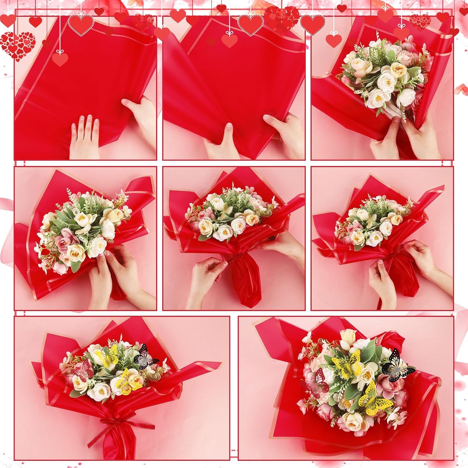 243 Pcs Flower Bouquet Wrapping Paper Waterproof Floral Wrapping Paper Florist Supplies with Butterfly Decoration Crowns Ribbons Bouquet Pin Glue for DIY Craft (Red, Black, Gold)