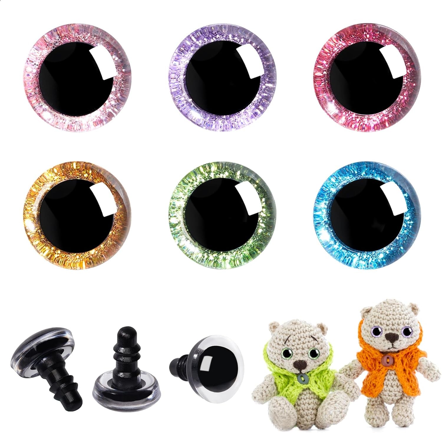 120Pcs 16Mm 3D Glitter Plastic Safety Eyes for Amigurumi Trapezoid Craft Crochet Doll Eyes with Washers Stuffed Animal Eyes for DIY of Puppet, Bear Plush Animal(6 Colors)