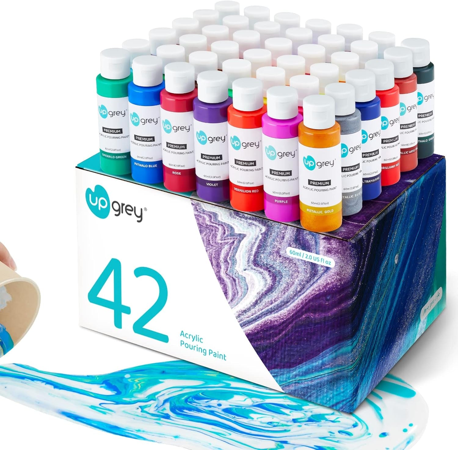 42 Colors Acrylic Pouring Paint Set, High Flow, Non Toxic, Pre-Mixed, 60Ml Bottles, Assorted Colors with 4 White, for Canvas, Glass, Paper, Wood, DIY