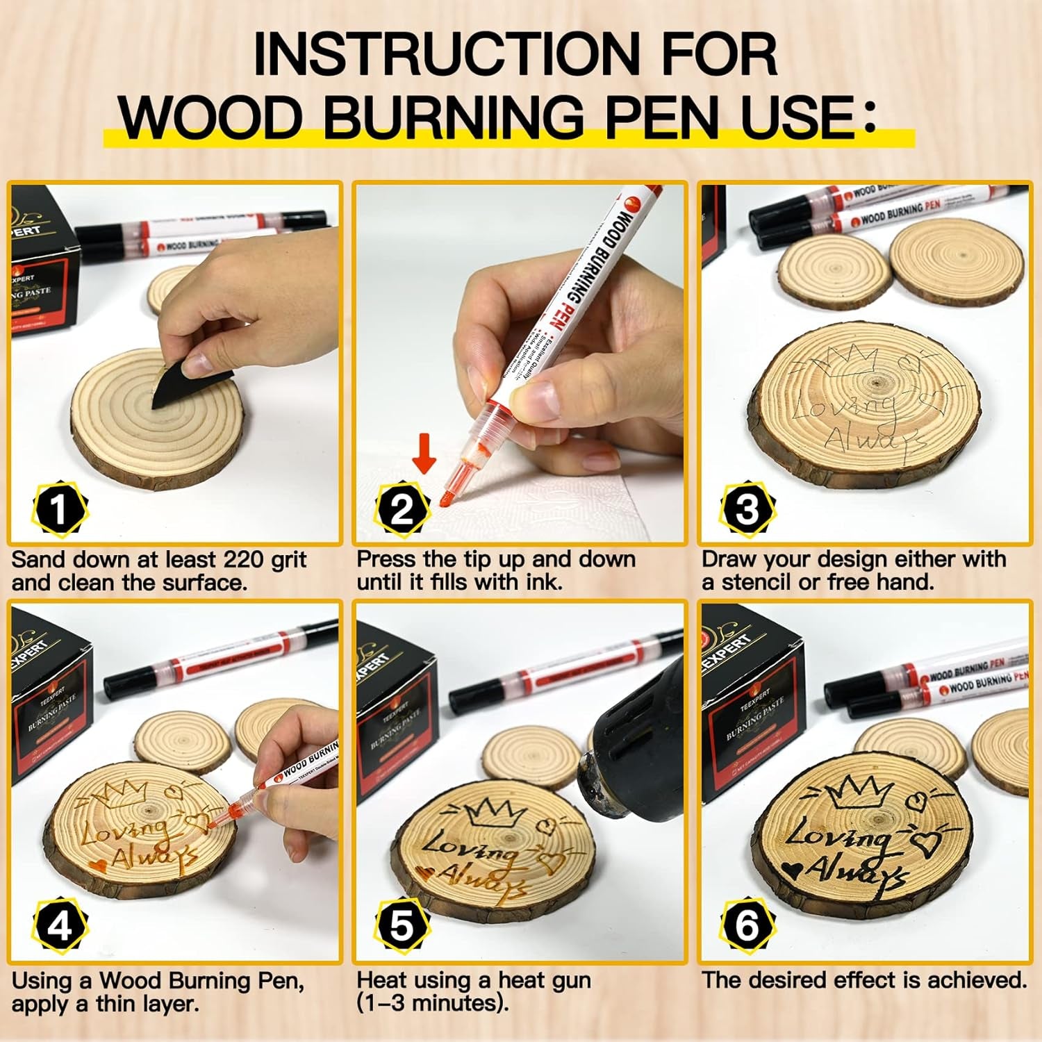 Wood Burning Gel Pen Kit,4 OZ Wood Burning Paste,2 Scorch Pens Double-Sided, 4 Tips, Squeegee, Sandpaper for DIY Heat Sensitive Wood Burning Marker for Wood Crafts Suitable Artists Beginners