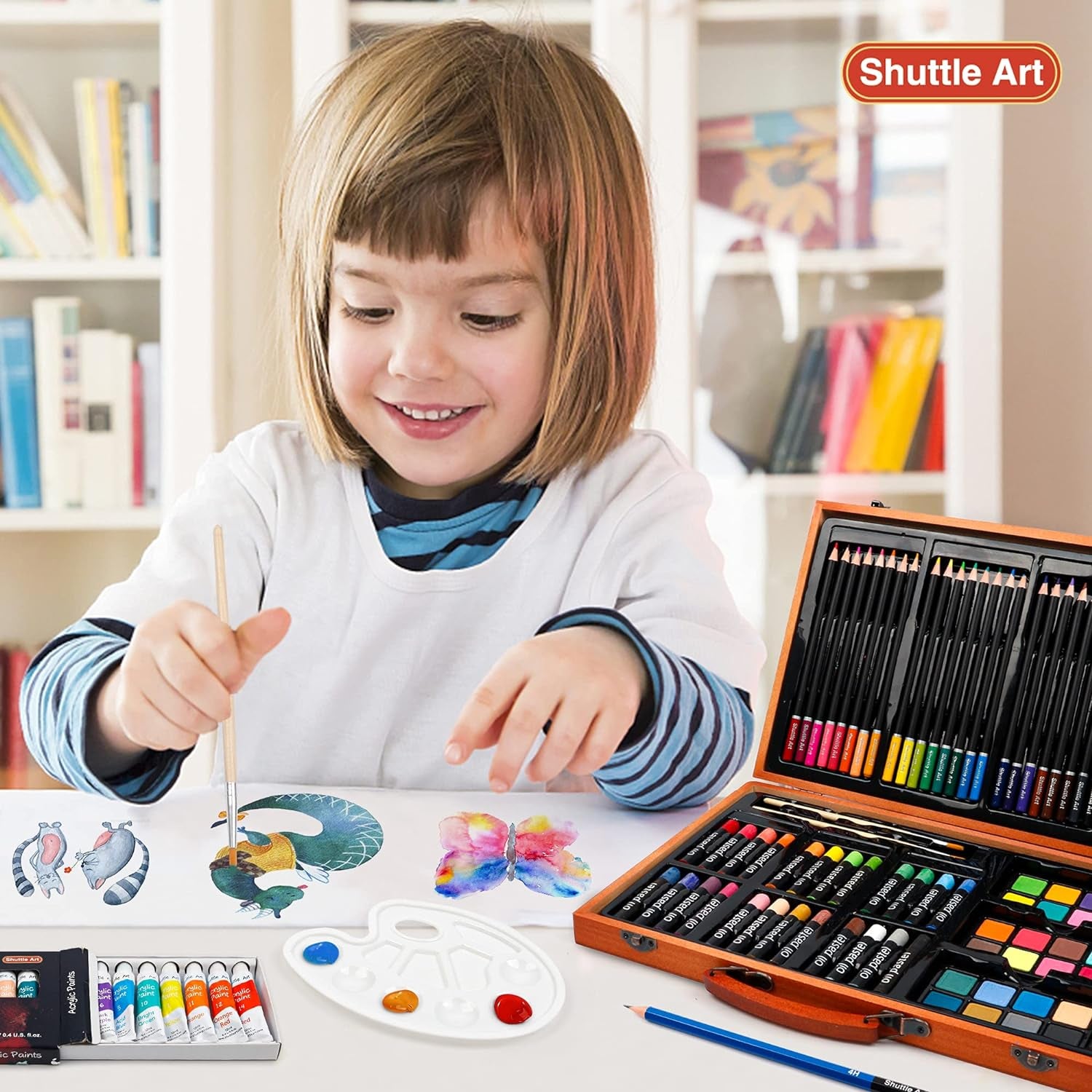 118 Piece Deluxe Art Set, Art Supplies in Wooden Case, Painting Drawing Art Kit with Acrylic Paint Pencils Oil Pastels Watercolor Cakes Coloring Book Watercolor Sketch Pad for Kids Adults