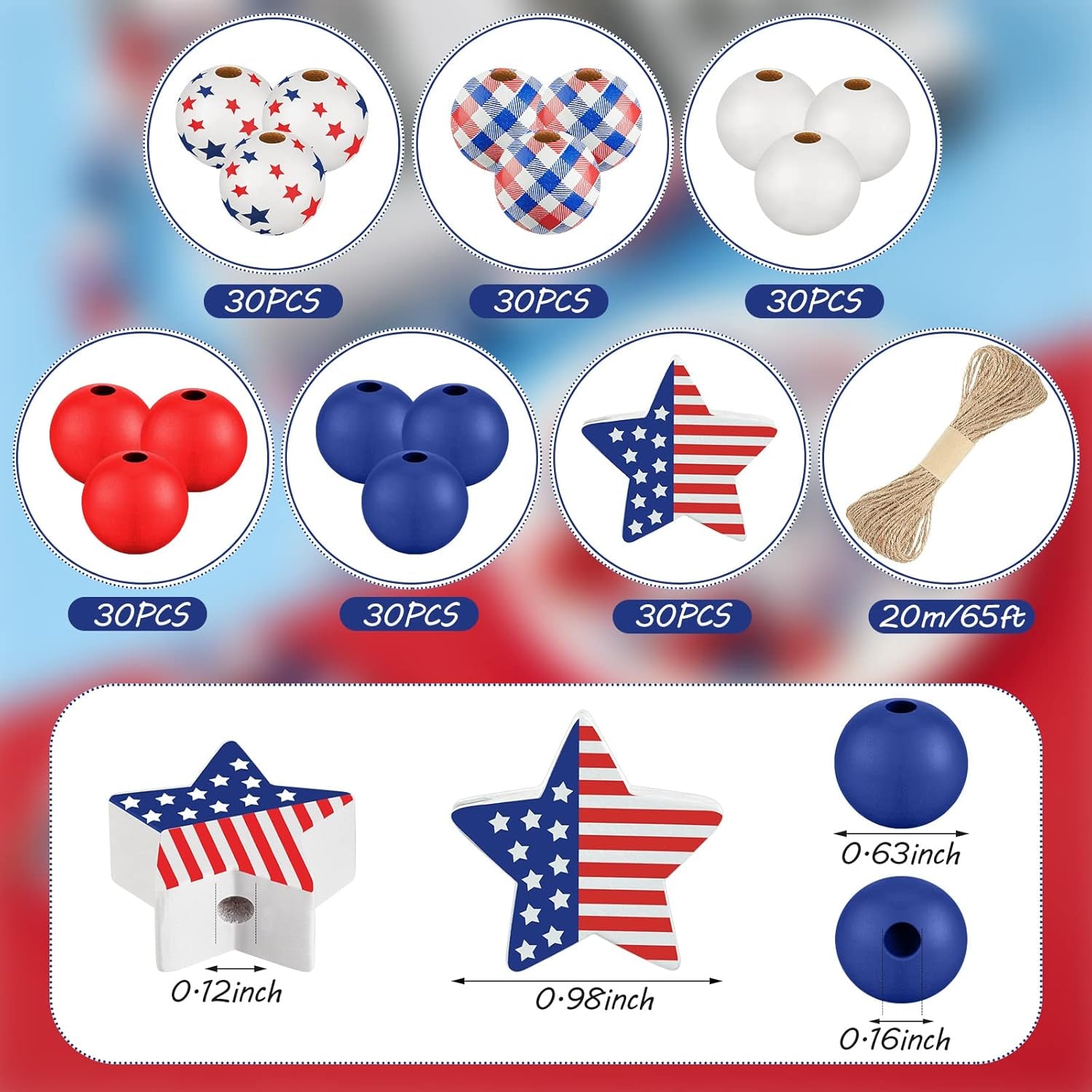 180 Pieces Patriotic Beads 4Th of July Wood Beads Independence Day Craft Bead America Flag Stars Beads Blue White Red Plaid Bead for DIY Garland Bracelet Necklaces Tiered Tray Decor (Classic Style)