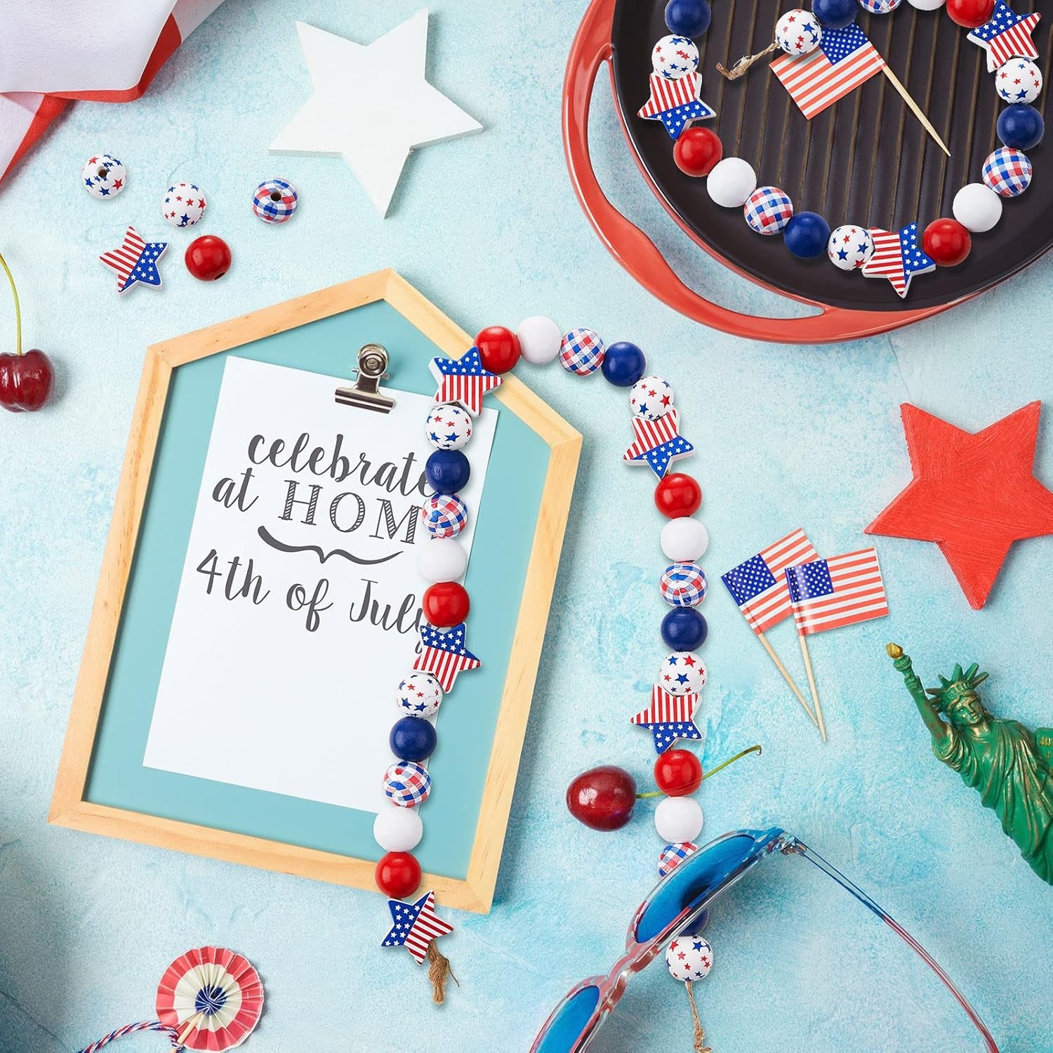 180 Pieces Patriotic Beads 4Th of July Wood Beads Independence Day Craft Bead America Flag Stars Beads Blue White Red Plaid Bead for DIY Garland Bracelet Necklaces Tiered Tray Decor (Classic Style)
