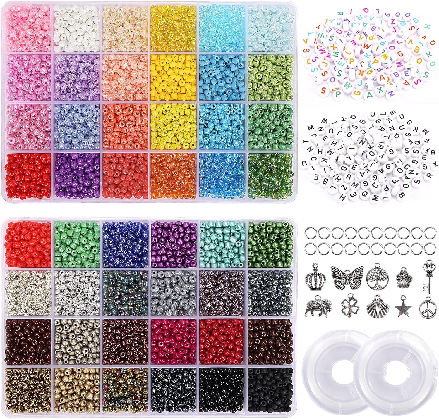 6480Pcs Glass Seed Beads 4Mm Bracelet Beads for Jewelry Making Kit, Small Waist Craft Beads, 260Pcs Alphabet Letter Beads with Elastic String Cords and Charms
