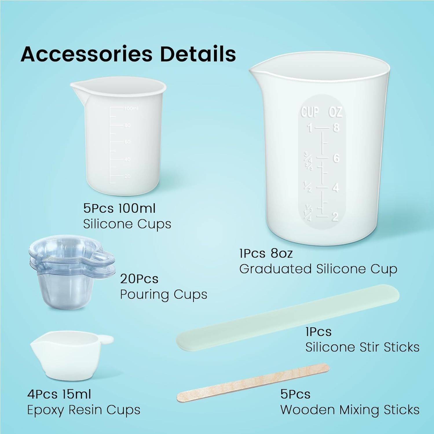 36PCS Silicone Measuring Cup Tool Kit - 250Ml/8Oz &amp;100Ml Resin Mixing Cup, Silicone Stir Sticks Pipettes,Easy to Clean,Non-Toxic Epoxy Resin Supplies for Molds,Paint,Jewelry Making