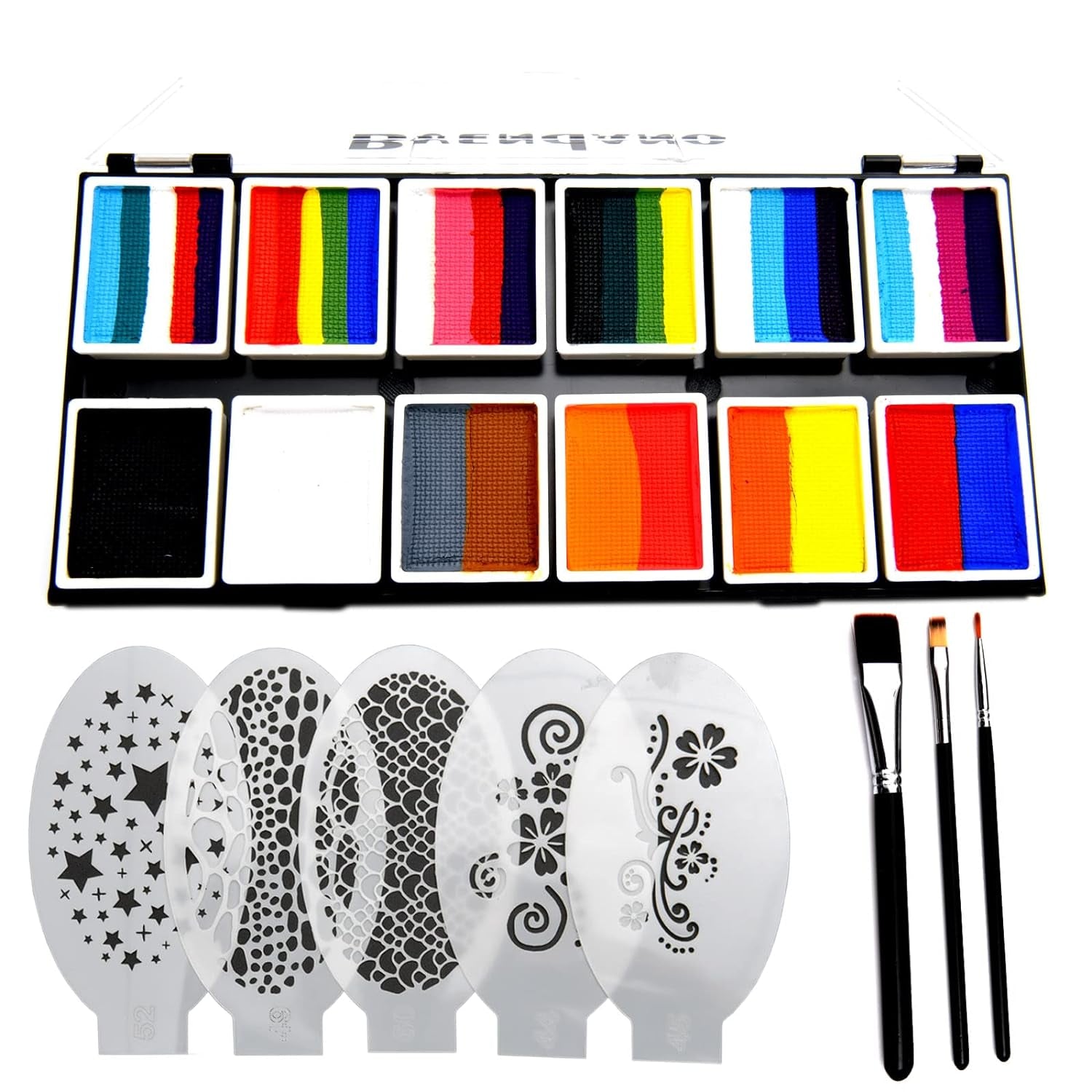 Professional Face Paint Makeup Split Cake Palette 12 × 10Gm Water Actived, Non-Toxic One Stroke Rainbow Body & Face Painting Kit with 5 Stencils, 3 Brushes for Kids Adults