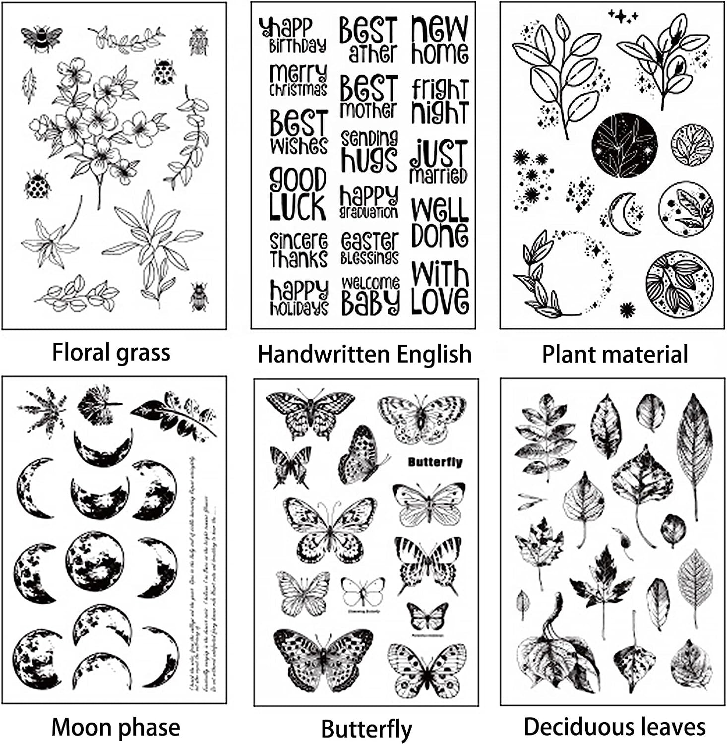 6 Sheets Clear Stamp Silicone Stamp Cards with Greeting Words, Flowers, Leaves, Butterflies, and Moons Pattern for Thanksgiving Christmas Holiday Card Making and DIY Scrapbooking Journaling