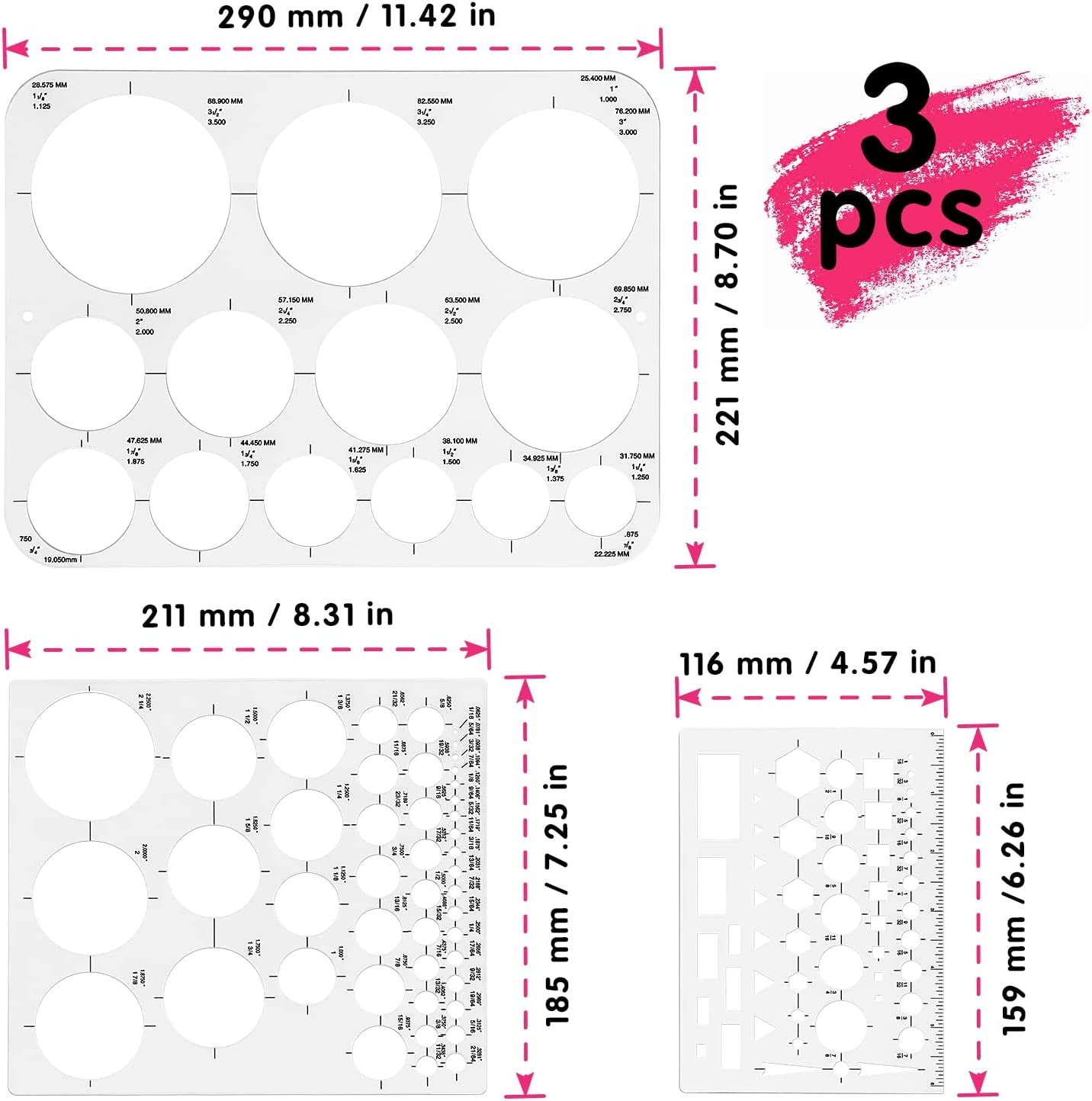 Circle Template Circle round Stencil Templates for Drafting for Office and School Building Formwork Drawings Templates, Large and Small Size, 3 Pack
