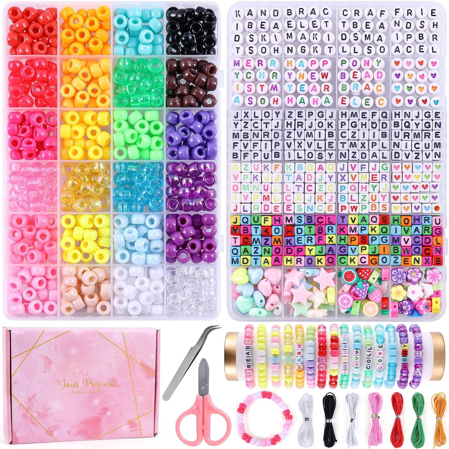 1500Pcs Pony Beads Bracelet Making Kit, 24 Colors Friendship Bracelet Kit Kandi Beads, Letter Beads Heart Beads with Elastic String for Jewelry Making DIY Craft Gifts for Adults