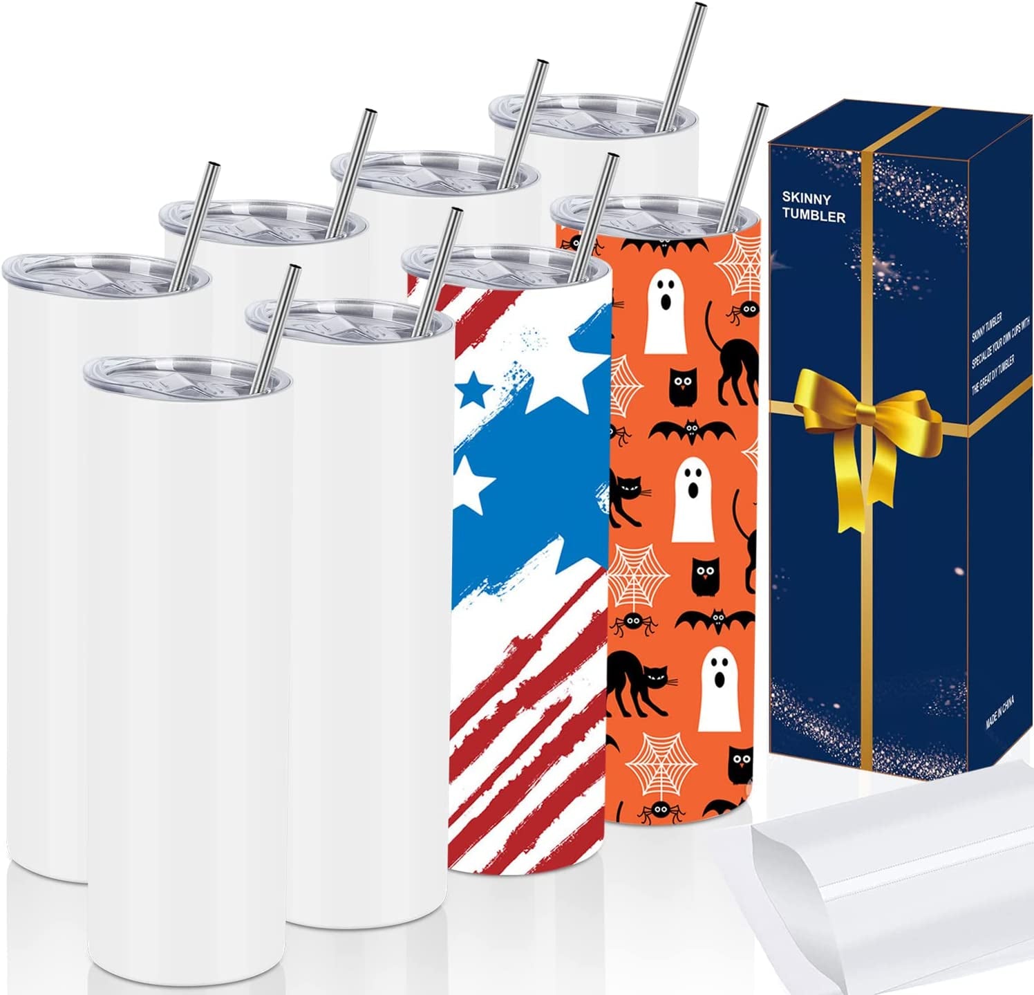 8 Pack Straight Sublimation Tumblers Set 20 Oz Skinny, Stainless Steel Skinny Sublimation Tumbler Blank with Shrink Wrap Film Lid Straw Set,Individually Boxed, Not Tapered