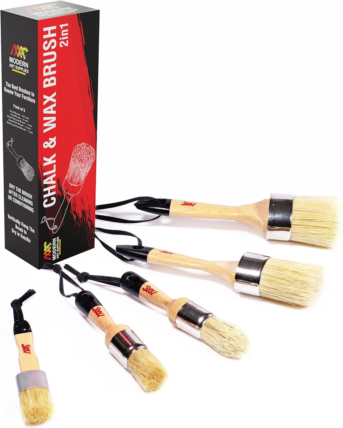 Chalk Wax Paint Brush 5Pcs Set Including 3 Small Paint Brushes for Furniture Painting and 2 Large Chalk Brushes, Bristle Paint Brushes Set Compatible with Annie Sloan Chalk Paint, Fusion Mineral Paint