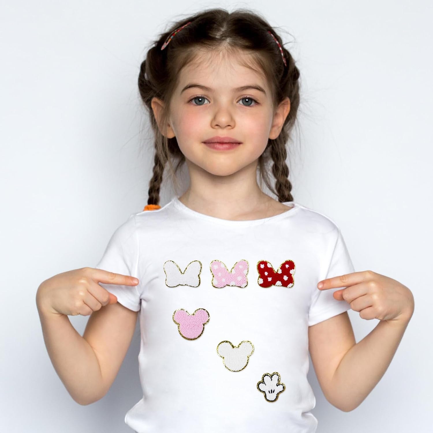 20Pcs Minnie Themed Patch, Pink Mouse Chenille Patches Gold Edges Bowknot Iron on Patch for Bags Hat DIY Clothing Repair