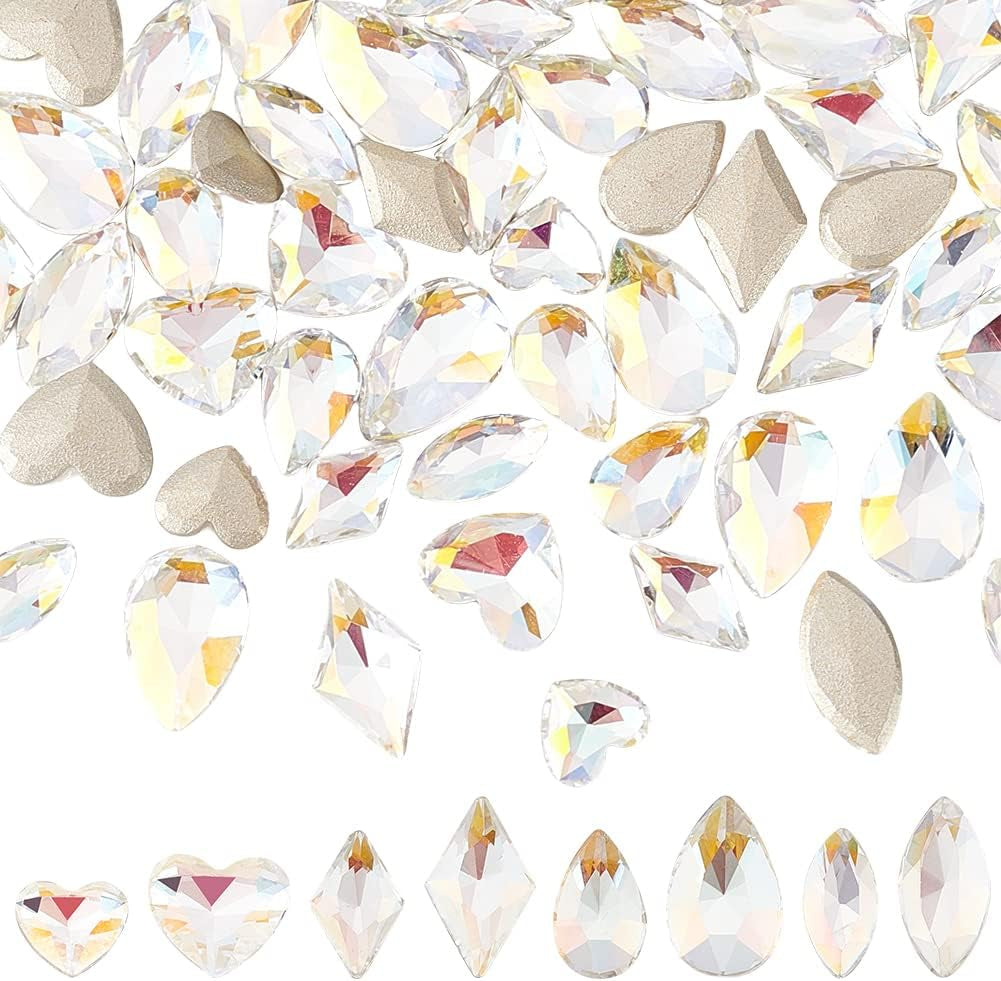 64 Pcs 8 Styles K9 Glass Rhinestones Gems Crystal Flatback Rhinestones AB Color Rhombus/Horse Eye/Teardrop/Heart Crystal Jewels Embelishments with Silver Plated Back for Craft Making