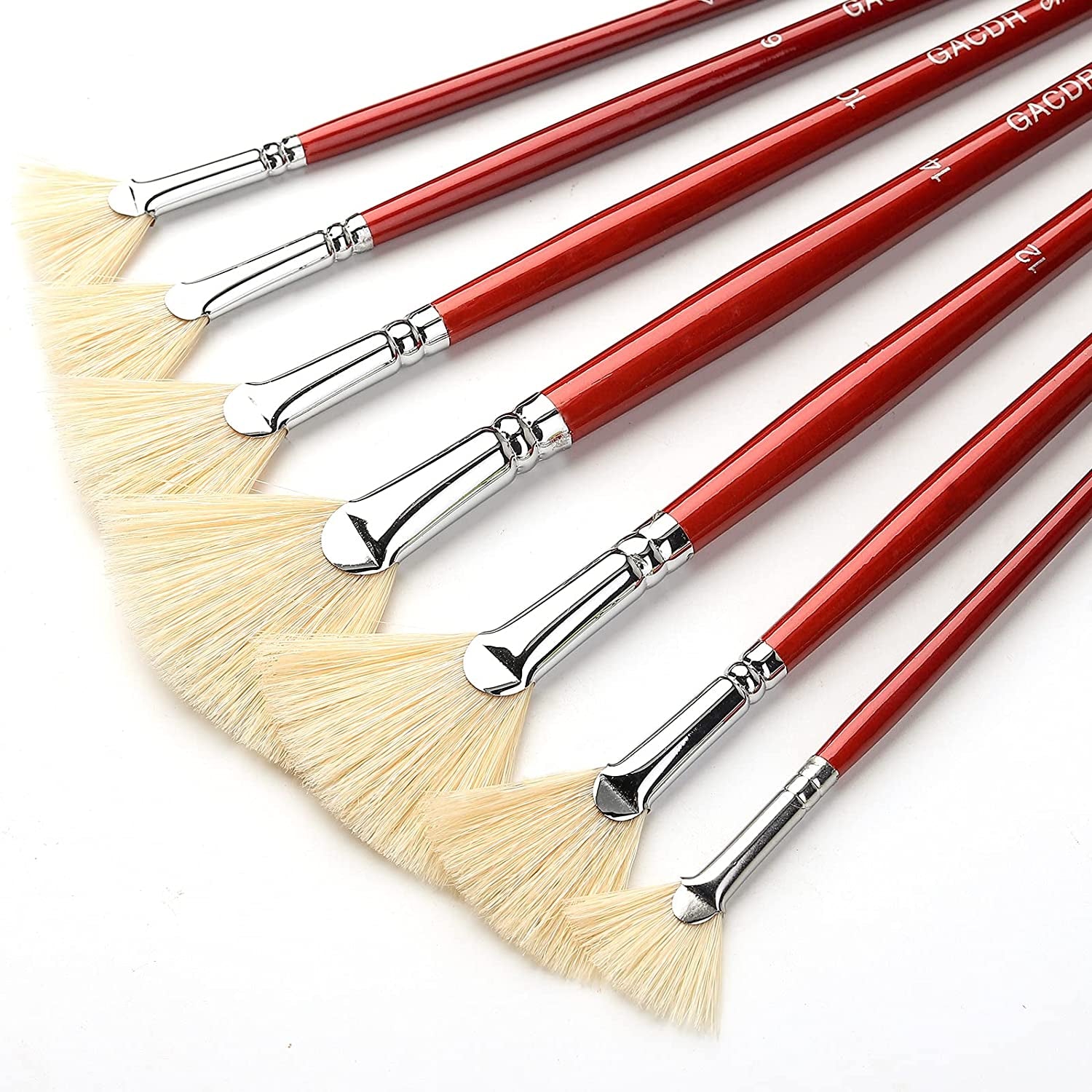 Fan Brush for Painting, 7 Pieces Fan Brush Set with Hog Bristle Natural Hair and Long Wood Handle, Professional Artist Fan Brushes for Acrylic Painting,Oil Watercolor Painting