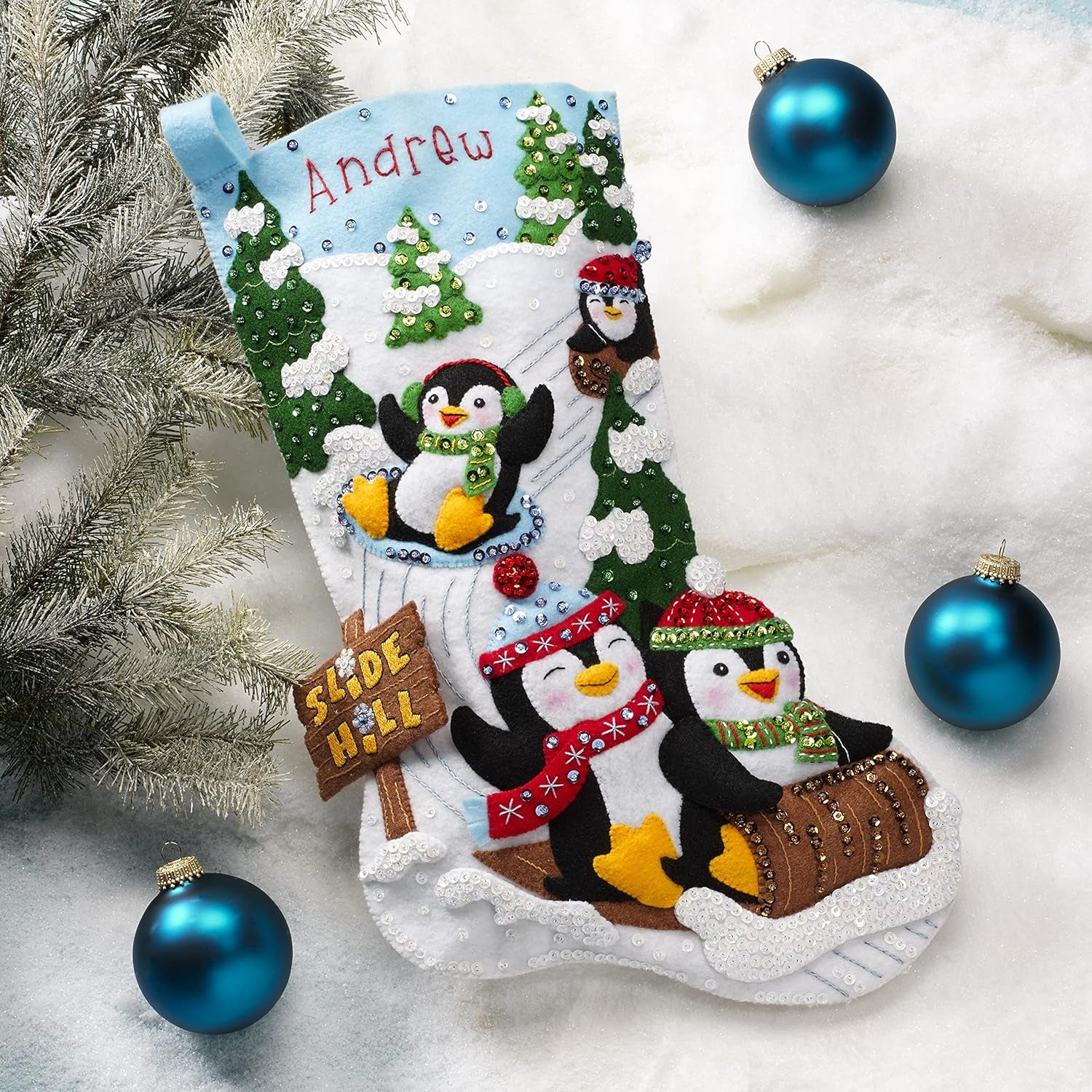 Felt Applique Stocking Kit, Penguins at Play 18" Felt Applique Stocking Making Kit, Perfect for DIY Needlepoint Arts and Crafts, 89481E , White