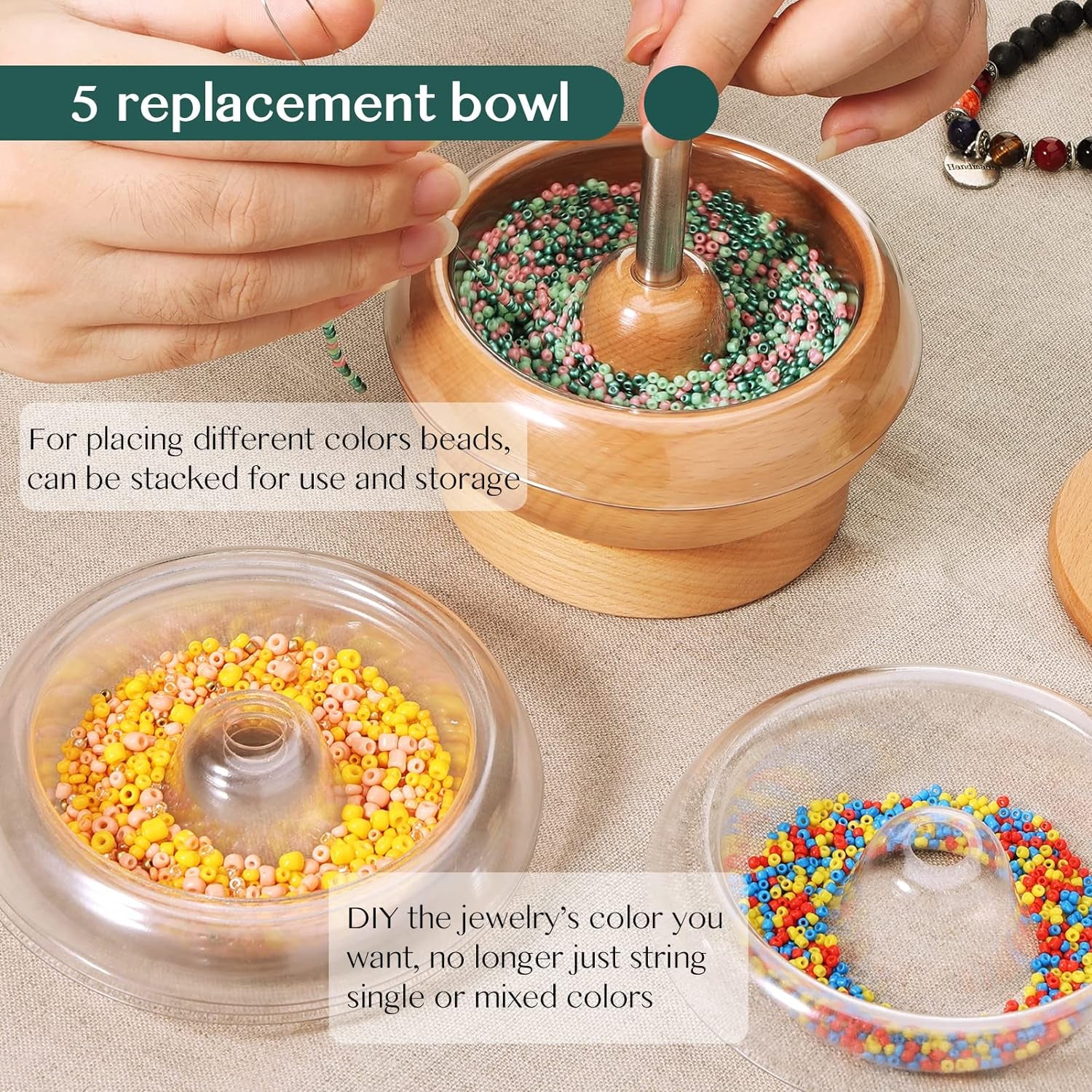 Bead Spinner Kit with 5 Quick Changed Bowls, 4.4" Clay Bead Spinner with 15,000 Beads (15 Colors) and 2 Big Eye Needles, Beading Supplies for Jewelry Making