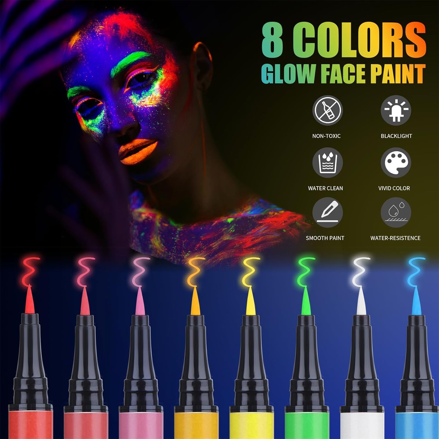 Water-Resistant Face Paint Pen Glow in the Dark under UV Light 8 Neon Rainbow Colors Smudge Proof Waterproof Body Painting Kit for Kids Tattoo Skin Markers Eye Makeup for Halloween