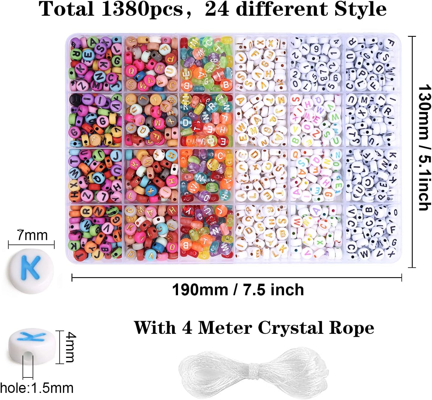 7 Style Letter Alphabet Beads for Bracelets Making, 1380 Pcs Colorful Square round Letter Beads Kit for Jewelry Making, Letter Beads Bulk with Crystal Elastic String