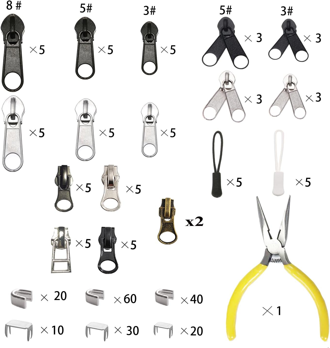 Zipper Repair Kit 255 Pcs Zipper Replacement Kit with Zipper Install Pliers Tool and Zipper Extension Pulls for Clothing Jackets Purses Luggage Backpacks Tents Sleeping Bag
