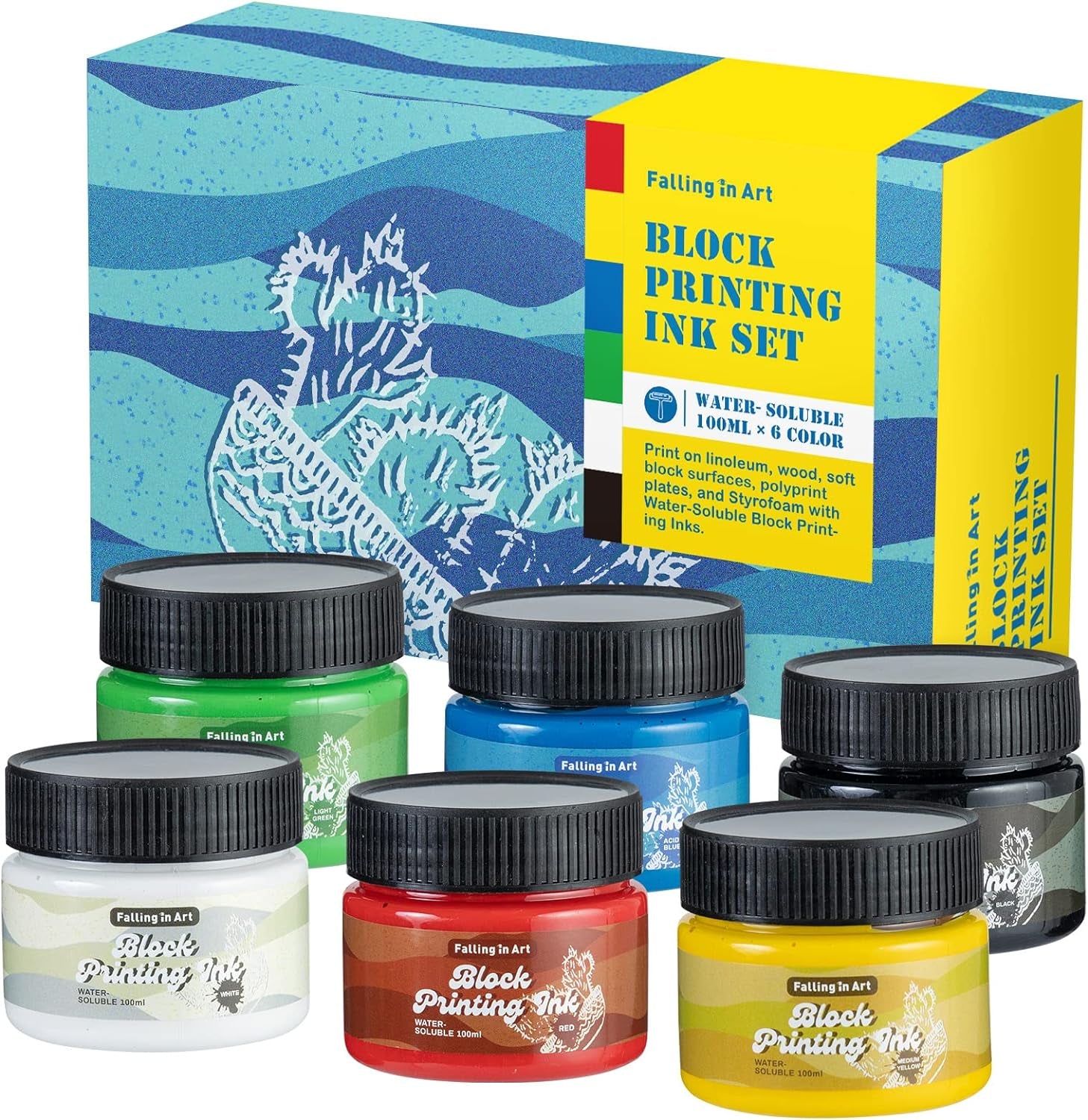 Water-Soluble Block Printing Ink, 6-Color Printmaking Ink Set for Linoleum Block, 3.5 Floz